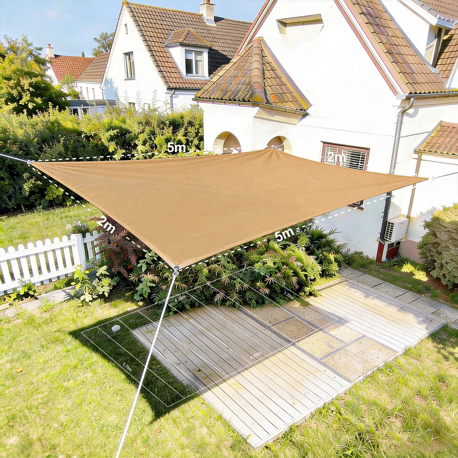 HAIKUS Sonnensegel, rechteckig, 2 x 5 m, HDPE, 5 x 2 m, atmungsaktiv, robust, 98% UV-Schutz, für den Außenbereich, Garten, Terrassen (Sand)