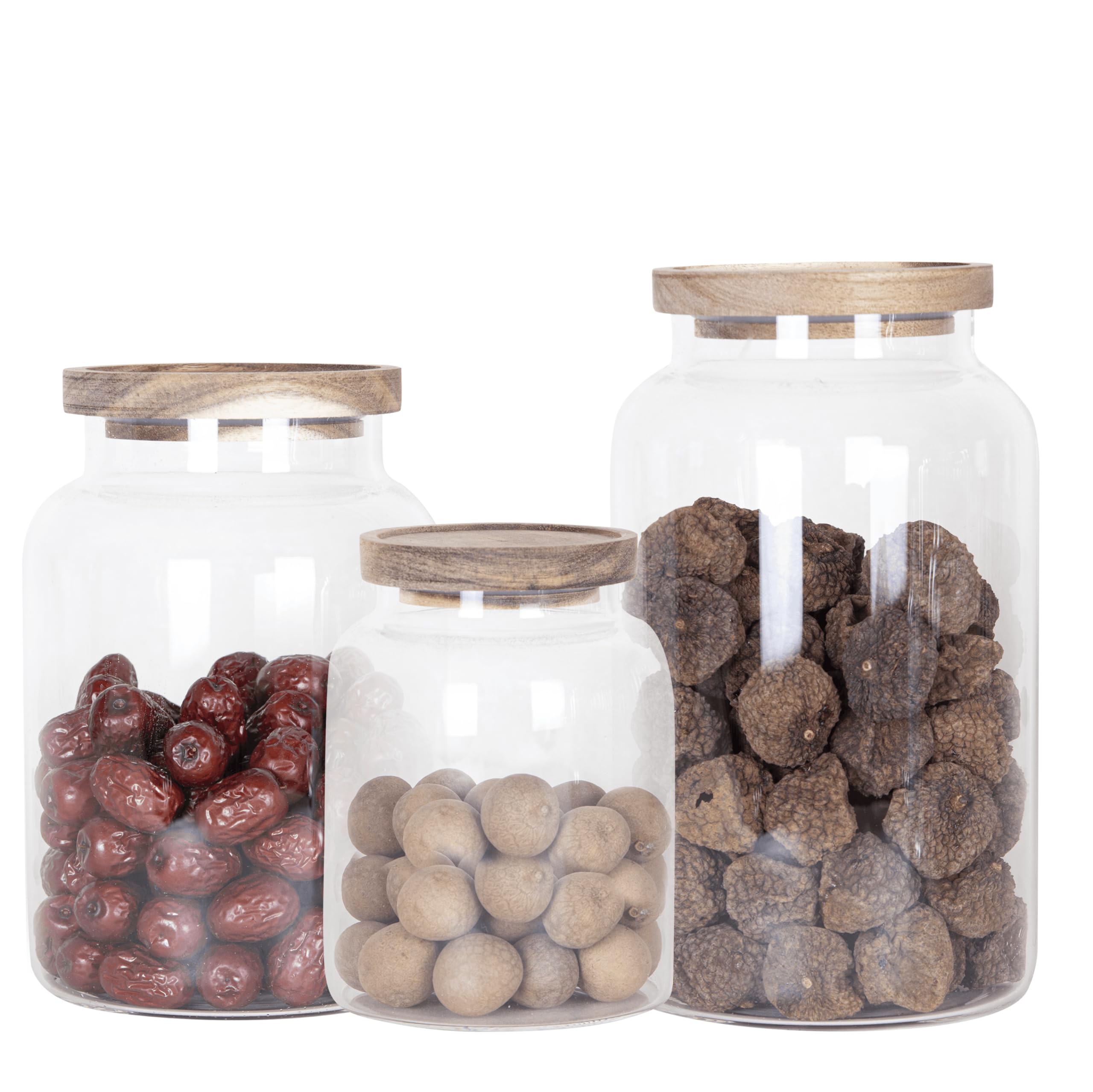 Large Glass Storage Jar with Airtight Acacia Lid - Large Food Storage Container for Kitchen Pantry Organization - Clear Glass Canister Set for Pasta, Rice, Flour, Cereal, Oats, Coffee Beans (1, S+M+L)