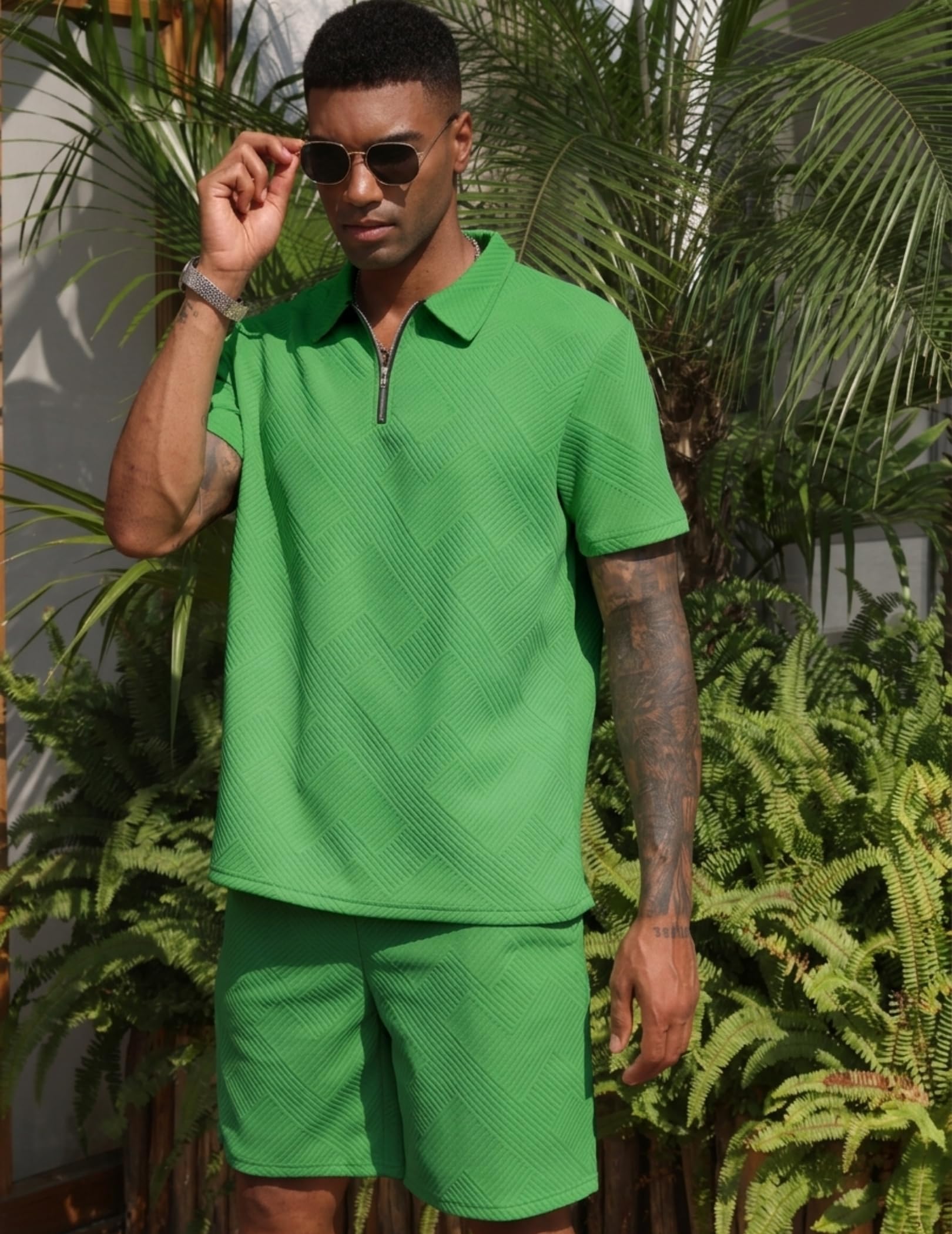 PICKLION Conjunto de 2 piezas de verano para hombre, manga corta y pantalones cortos, estilo casual, vacaciones, con cremallera de 1/4, polo de golf