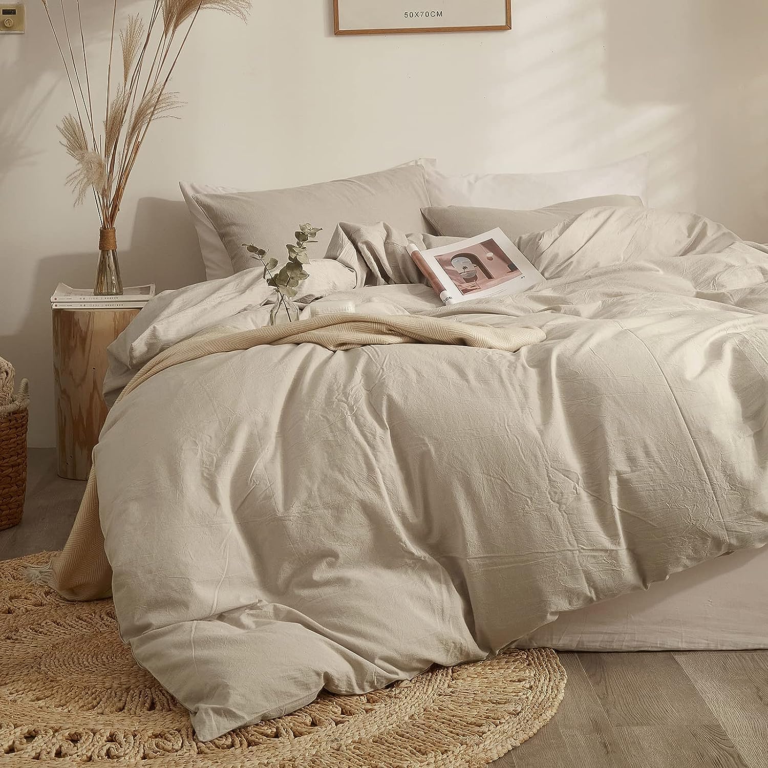 Freyamy King Size Duvet Cover Set Beige Plain Microfiber Bedding Set Kingsize Breathable Quilt Cover 220x240cm With Zipper Closure and 2 Pillowcases 50x75cm