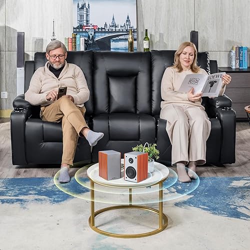 Miniatura 3 de COMHOMA Juego de muebles de sala de estar,Sofá de cuero regenerado con masaje,Silla reclinable con portavasos,3+2, negro