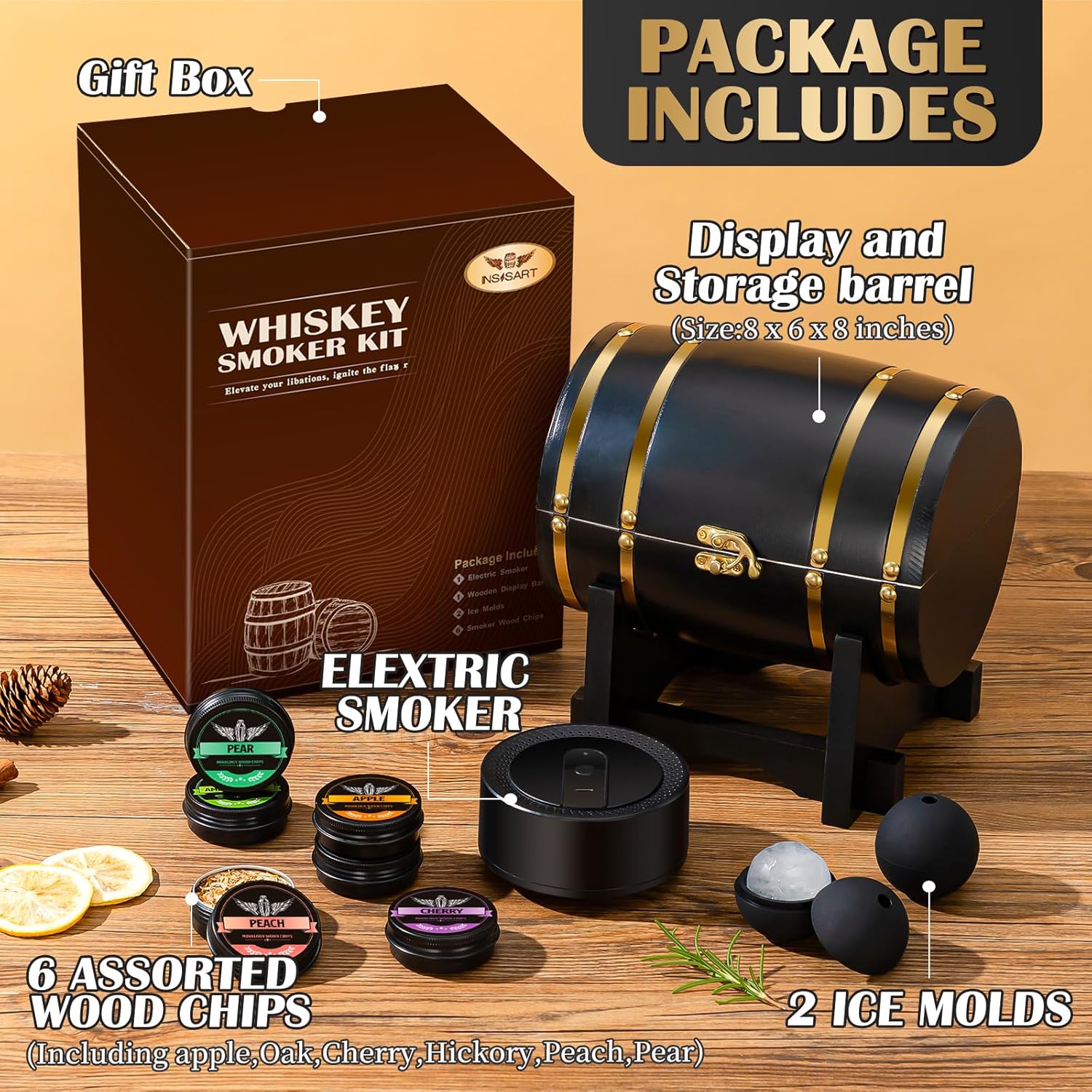 Electric Whiskey Smoker Kit with Wooden Display Barrel, Rechargeable Cocktail Smoker Kit with 6 Premium Wood Chips for Old Fashioned & Whiskey – Bar Gift for Men, Dad, Husband (No Butane Needed)