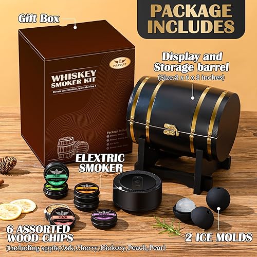 Miniatura 5 de Kit de ahumador eléctrico de whisky con barril de exhibición de madera, kit de ahumador de cóctel recargable con 6 virutas de madera de primera