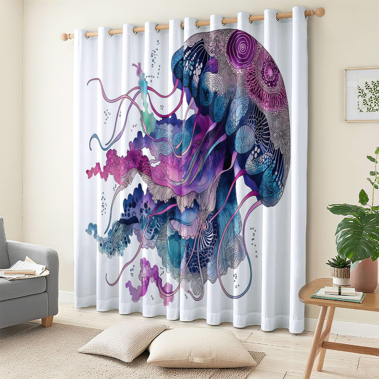 Genérico Minimalista Cortinas Opacas Acuarela Animal Marino Medusa,140 x 260 cm (2 Paneles), con Ojales - Tratamientos de Ventana Estampados para Dormitorio o Sala de Estar