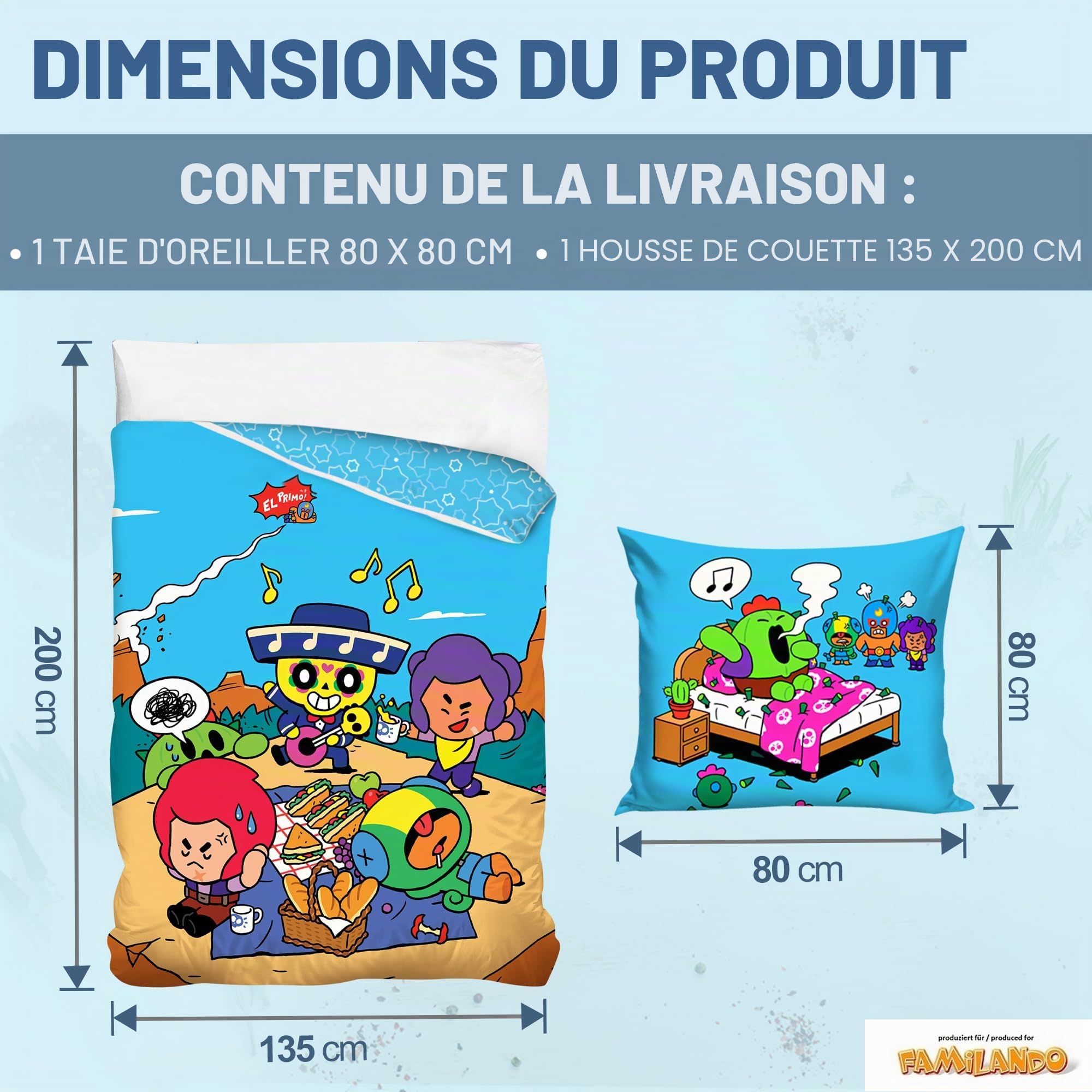 Familando Parure de lit réversible Brawl Stars - Motif EL Primo - 135 x 200 cm + 80 x 80 cm - 100 % coton - Qualité linon - Taille standard allemande