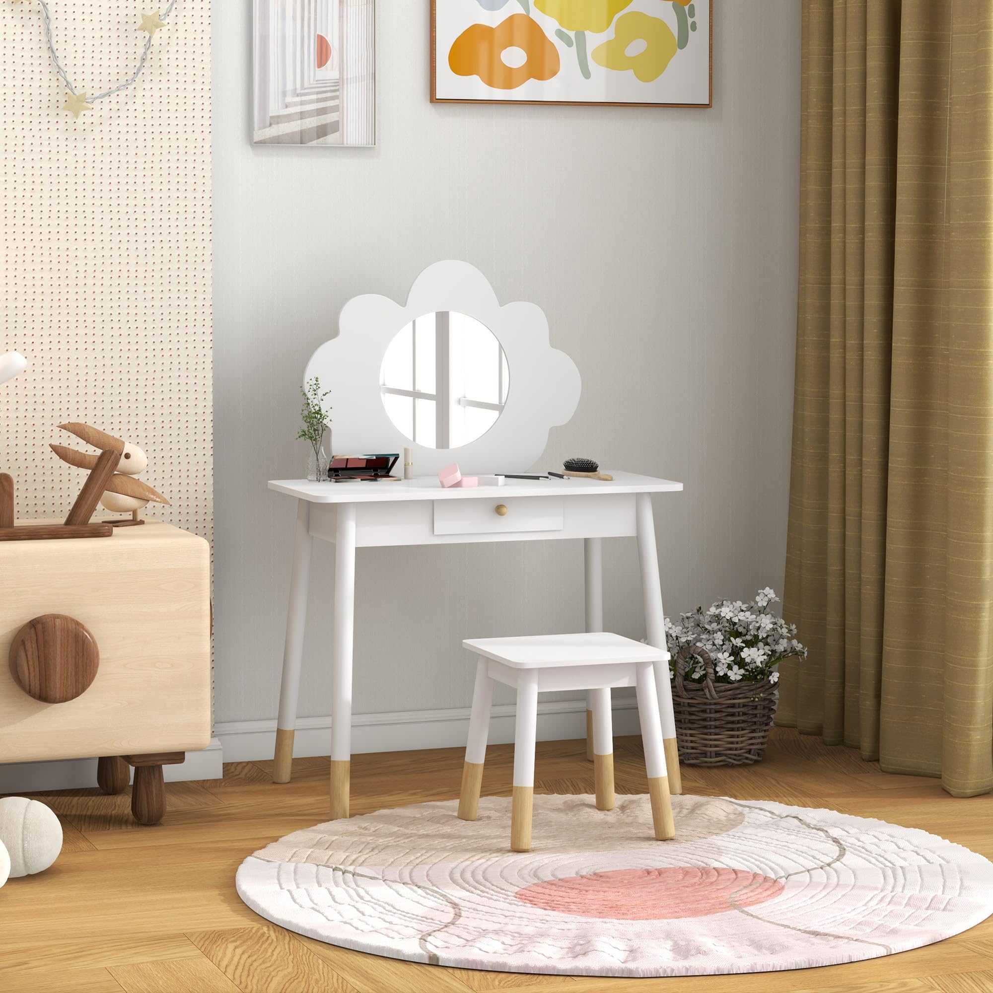 AIYAPLAY Set da Trucco per Bambine 3-6 Anni con Sgabello da Trucco, Tavolo Toeletta con Specchio a Nuvola e Cassetto Portaoggetti in Legno, Bianco