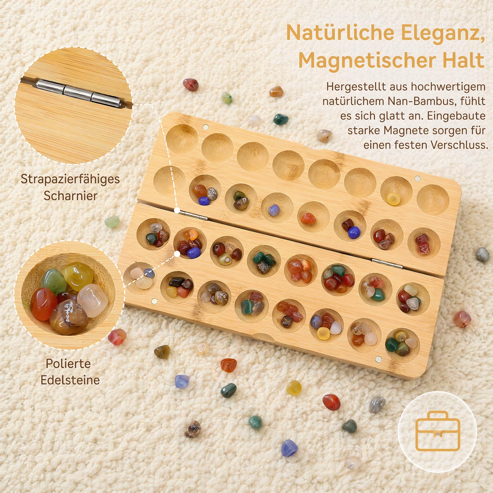 Scettar Steinchenspiel, Kalaha, Edelsteinspiel aus hochwertigem Holzbrett – faltbar, mit Beutel und 65 bunten Steinen, trainiert Strategie und Logik, Geschenk für Erwachsene und Familien