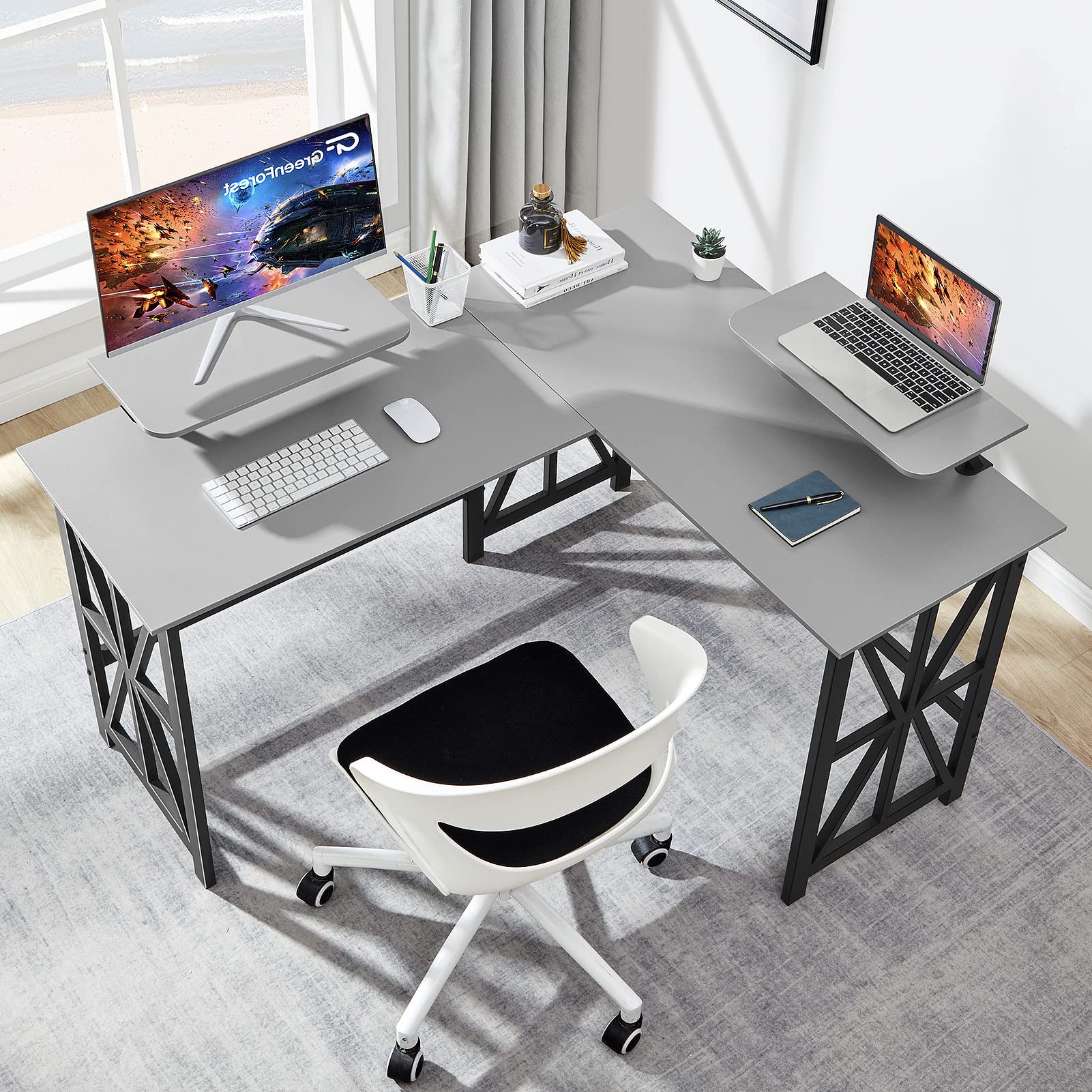 GreenForest L Shaped Desk with 2 Monitor Stand, 50.4 inch Reversible Corner Computer Desk for Home Office Study Gaming Workstation Crafting Table for Small Spaces Saving, Easy Assembly, Grey