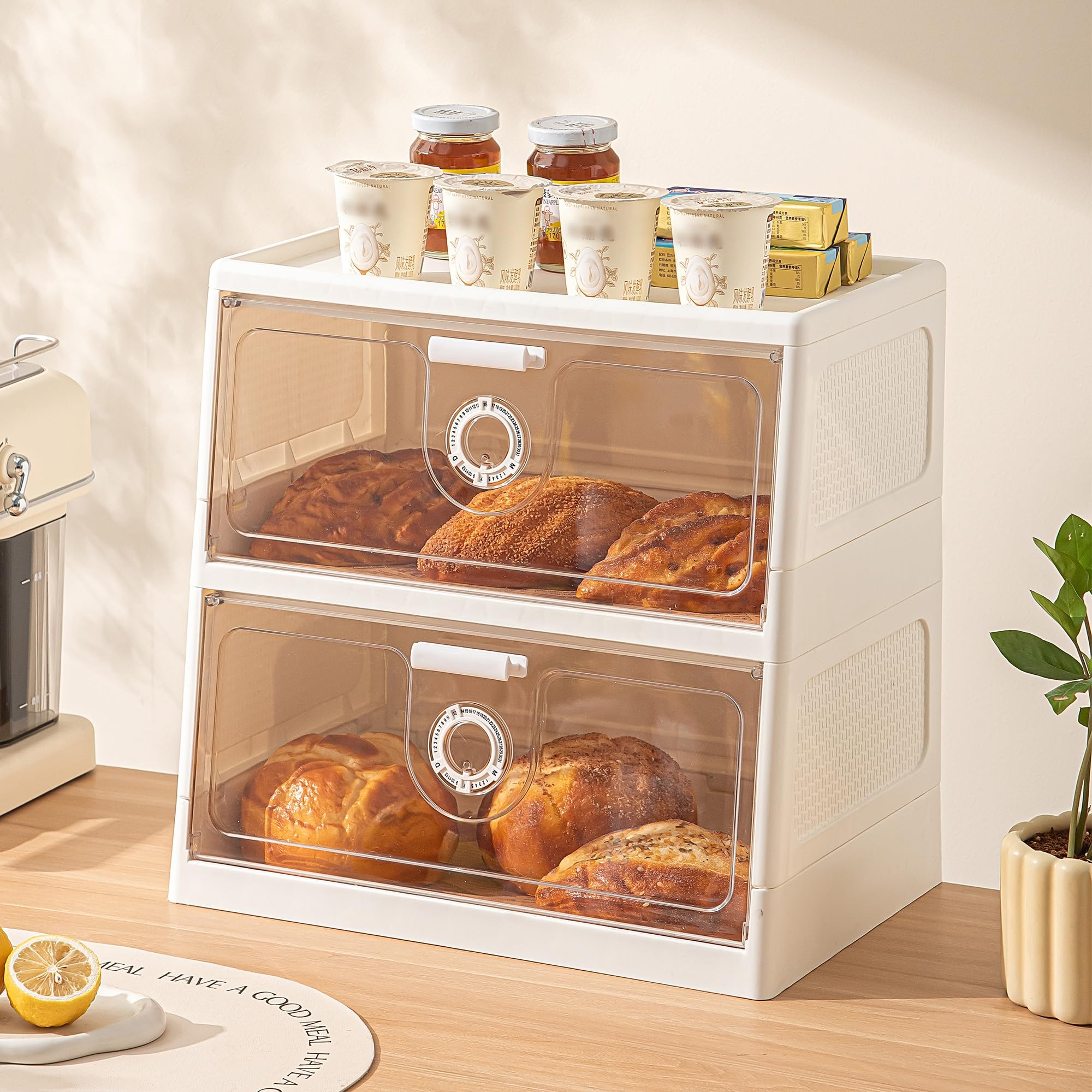 YVVVVY Large Bread Bin for Kitchen Countertop, 2 Tier Box with Date Dial