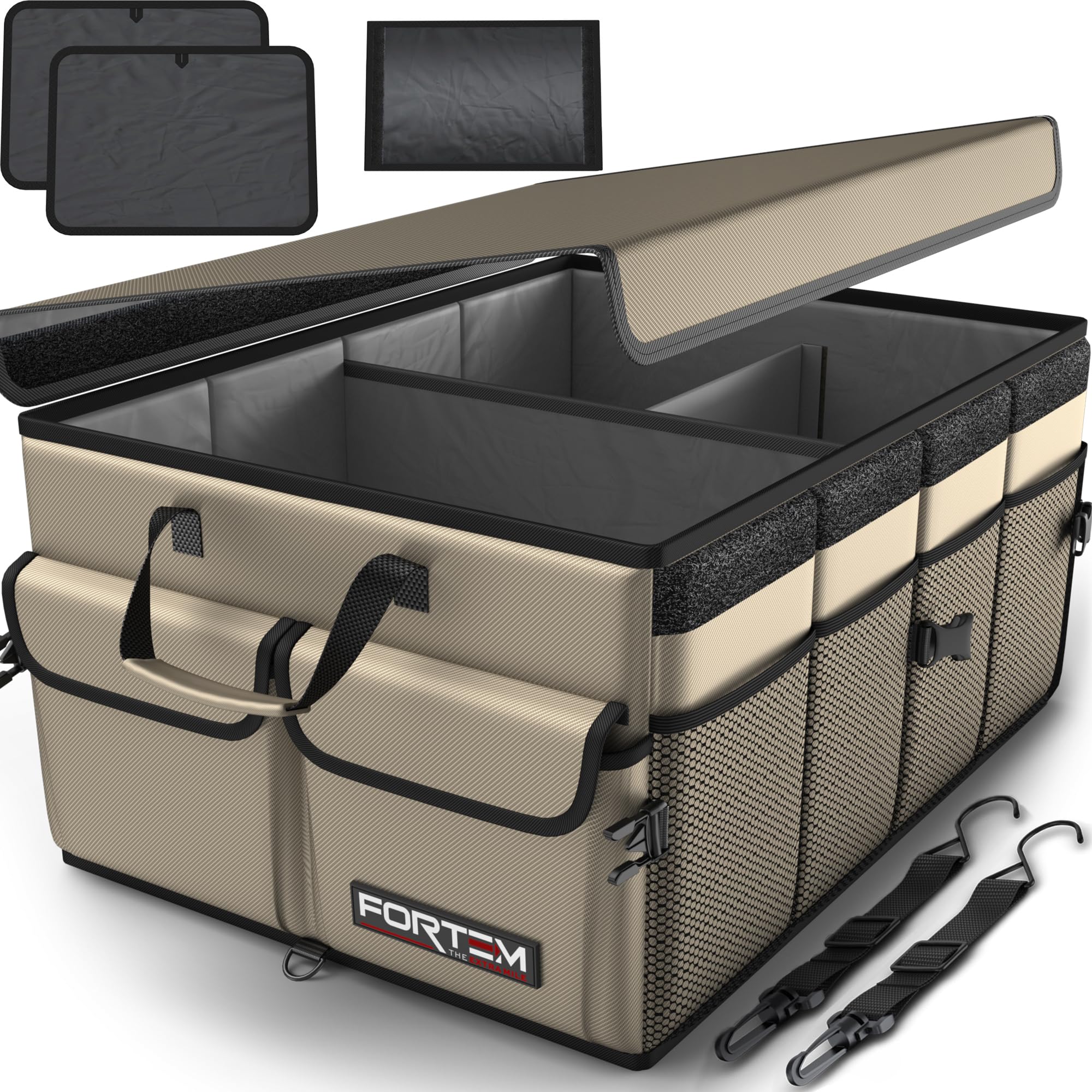 FORTEM Car Trunk Organizer, Collapsible Multi Compartment SUV Organizer, Foldable Storage for Car Accessories for Women Men, 600D Oxford, Non Slip Bottom, Securing Straps, Soft Cover (65L)