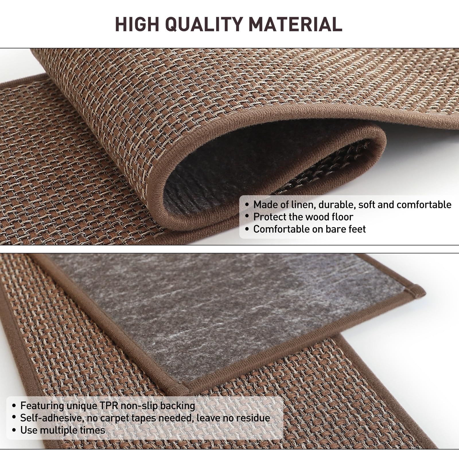 MOHOM 15pcs 8" x 30" Linen Non Slip Stair Carpet Treads for Wooden Steps Indoor, Machine Washable Stair Runners for Kids Elders and Pets, Stair Carpet Pads for Wood Stairs, Brown