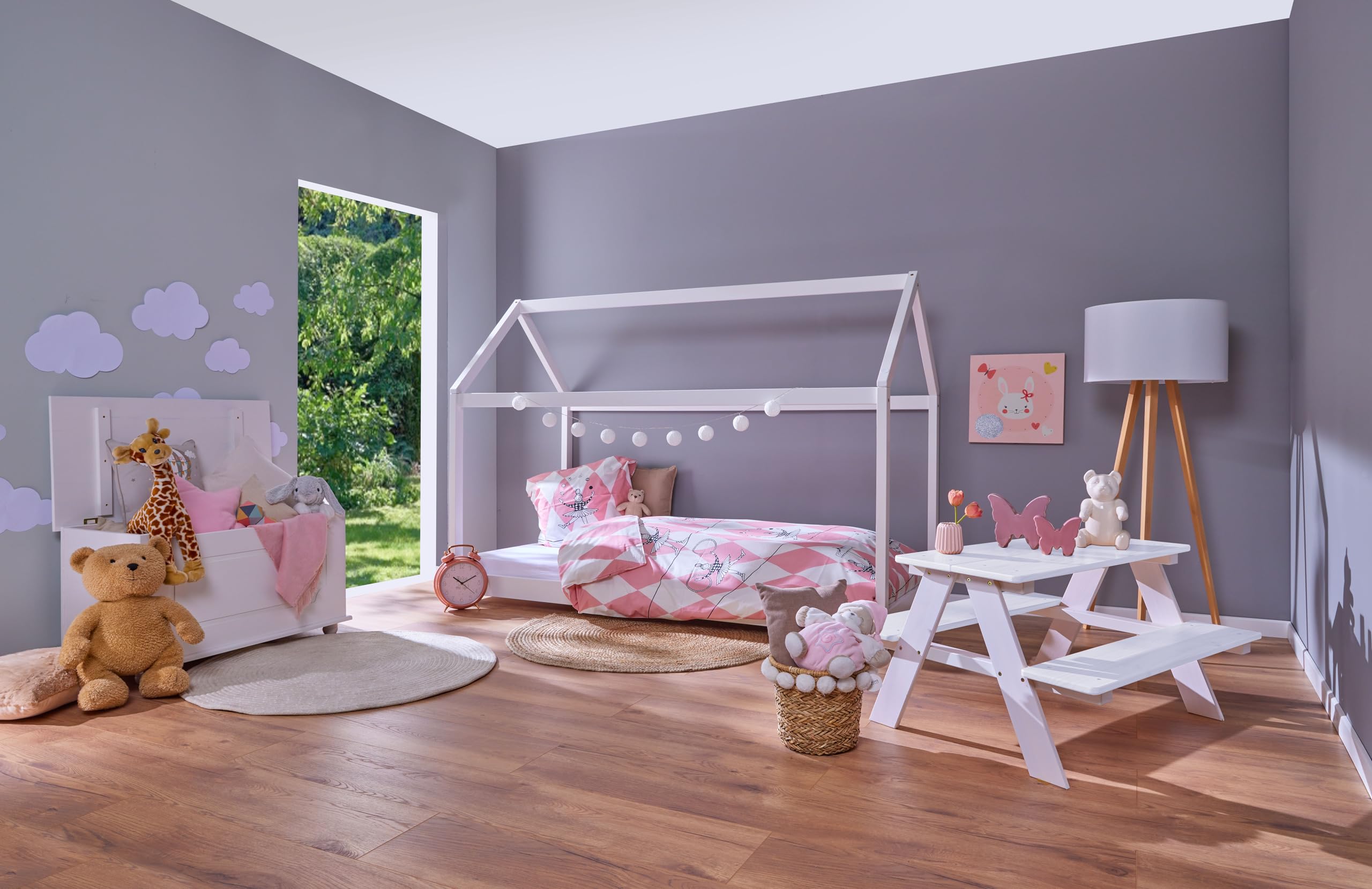 Inter Link - Salon pour Enfants - Ensemble de sièges pour Enfants - en Bois Massif - 2 bancs - 1 Table - Offre 4 Places - Blanc laqué - Henning