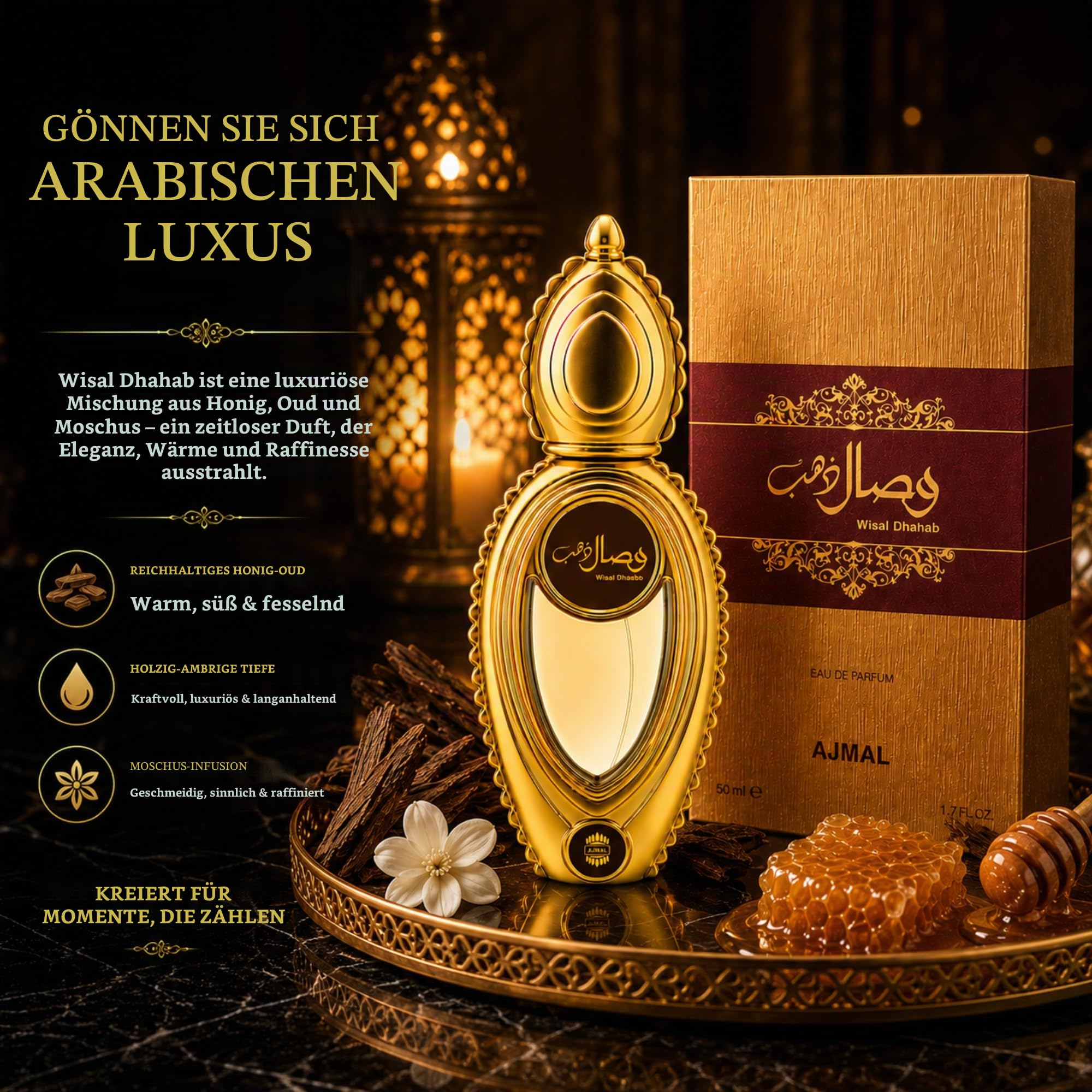 Ajmal Wisal Dhahab Eau de Parfum für Damen und Herren – 50 ml | Premium-Duft: Langanhaltend, holzig-amberartig, mit Honig, Oud und Moschus | Luxuriöser arabischer Duft aus Dubai
