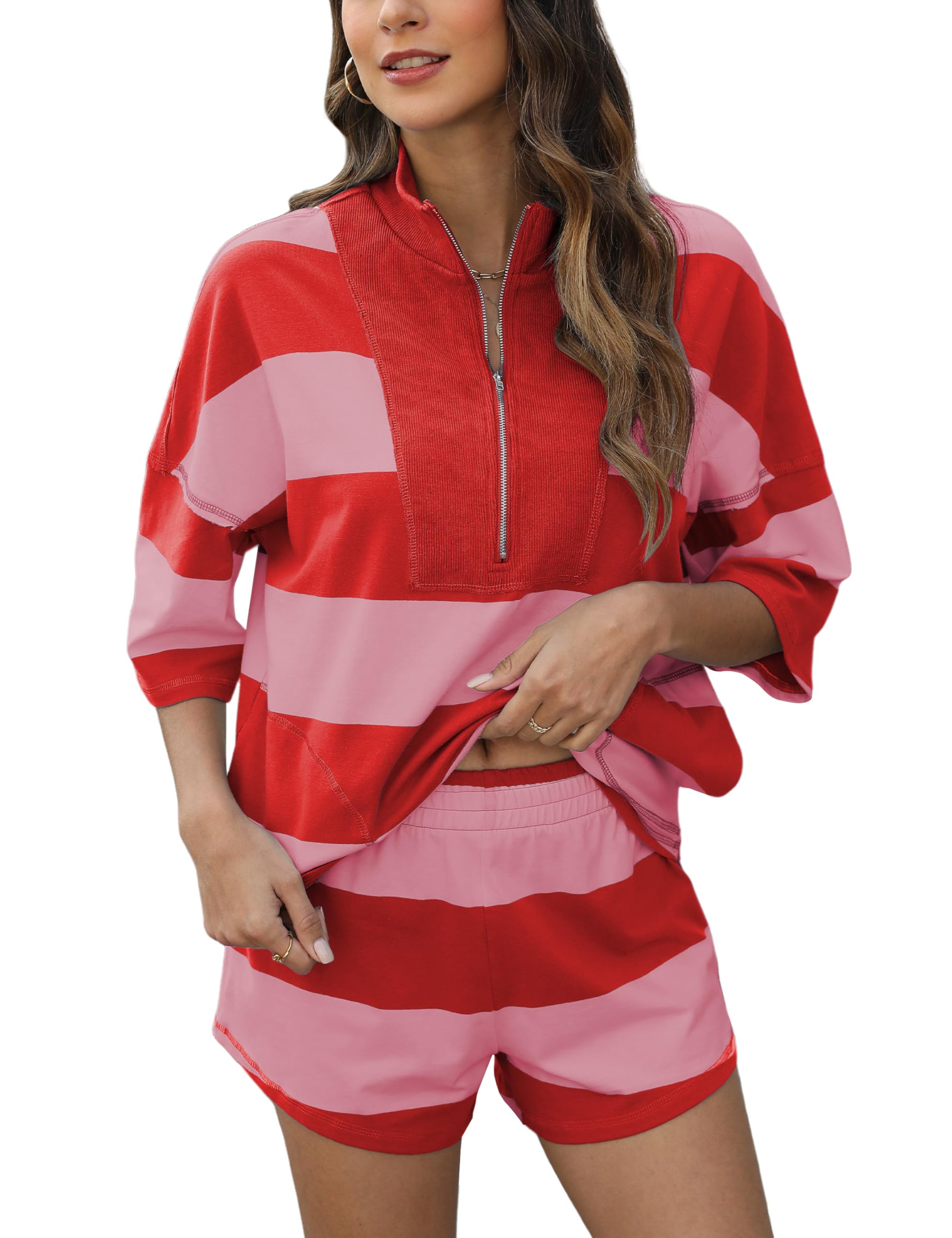Gestreifte 2-teilige Outfits für Damen, Oversize-Lounge-Set, Sommer-Workout-Sets, Oberteil und Shorts mit Taschen