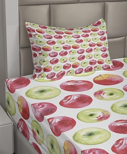 Miniatura 2 de Ambesonne Fruits Sheet Set, Watercolor Macoun Cameo and Granny Smith Drawing in Agricultural Yield Pattern, Fitted and Flat Sheet with Pillowcase