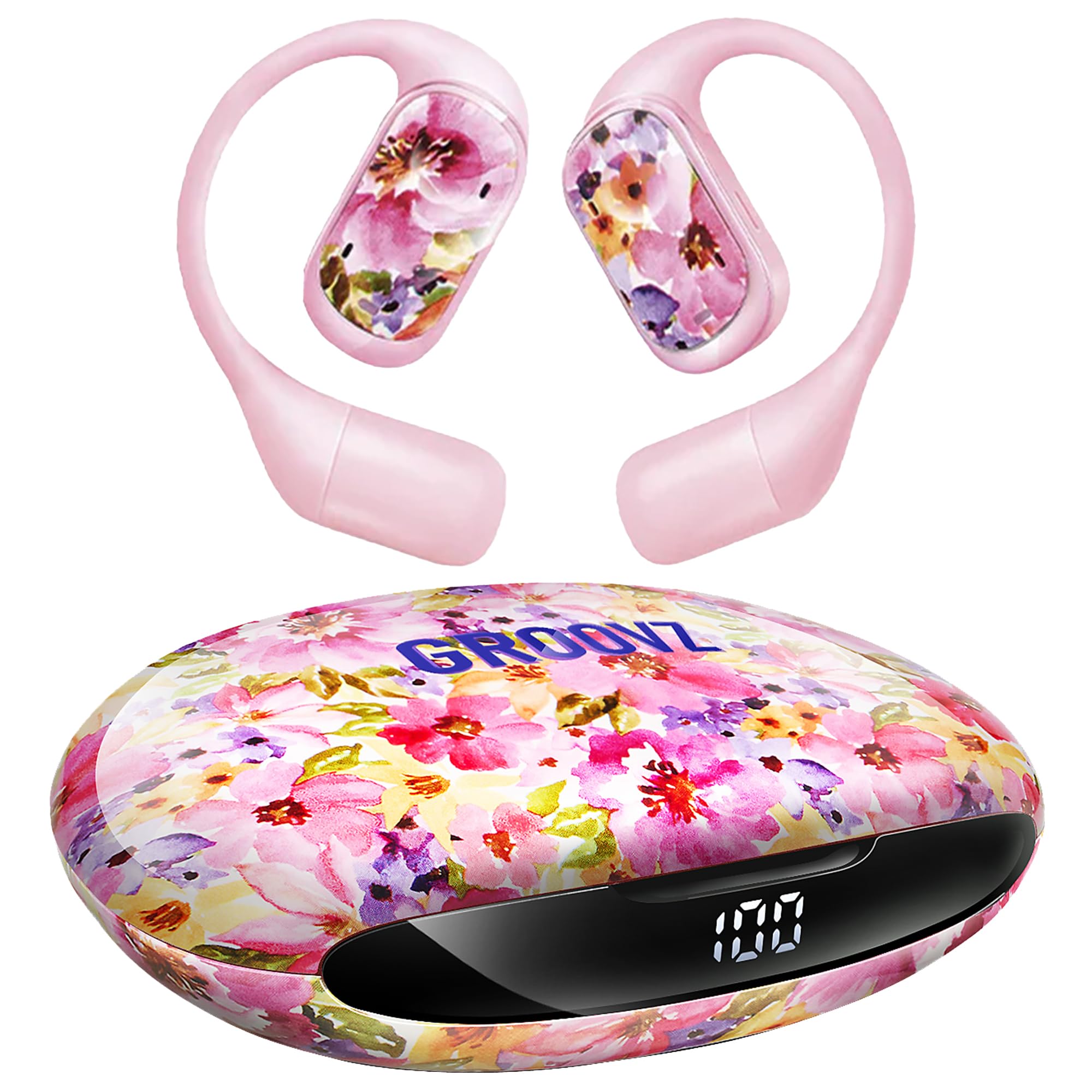 Groovz Open-Ear Plus True - Cuffie wireless con display della batteria, progettate e progettate negli Stati Uniti, con accoppiamento multipunto, auricolari Bluetooth aperti compatibili con Apple e