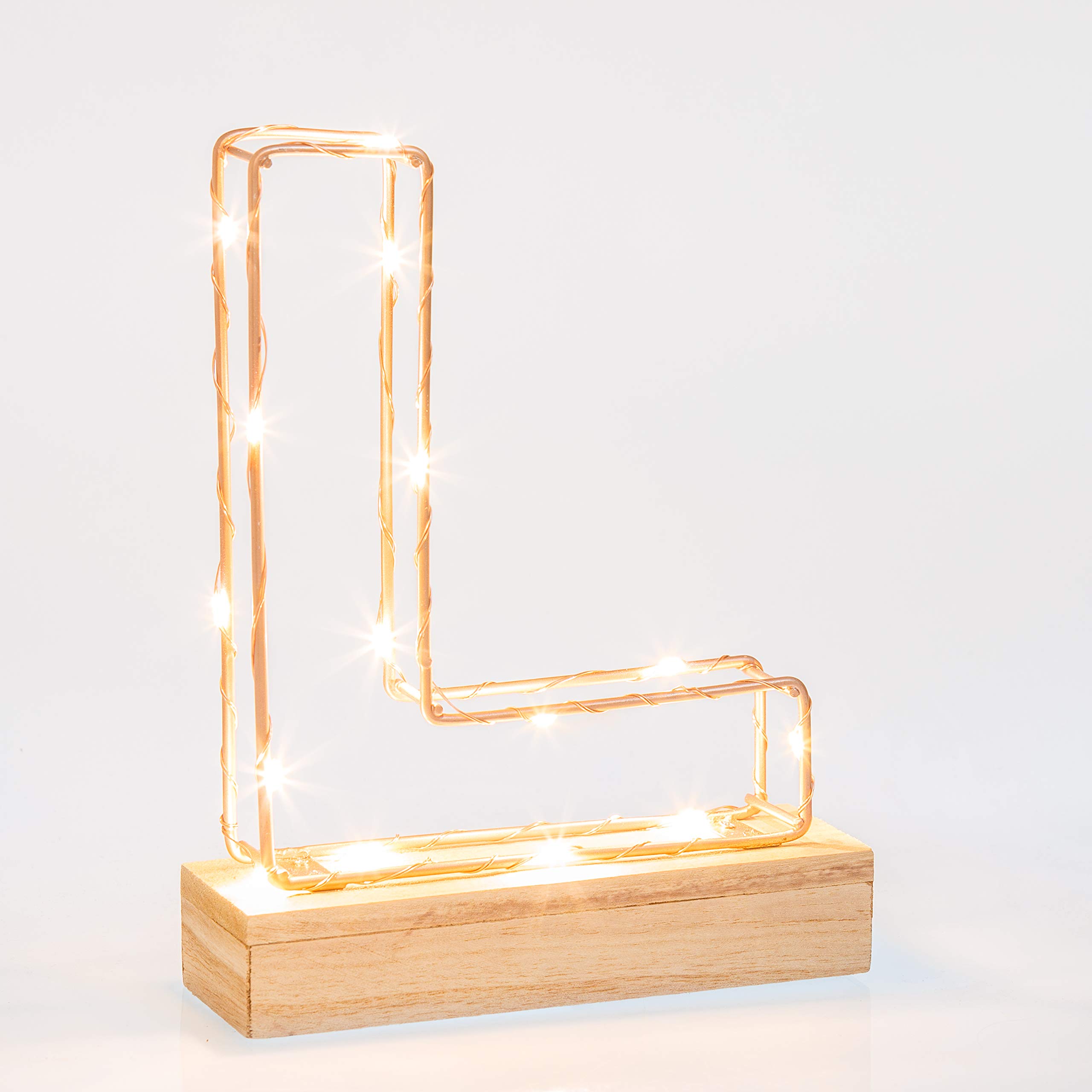 Light Up Letter Light - L - Rose Gold Metal Wire - Freestanding Battery Powered - 22cm High