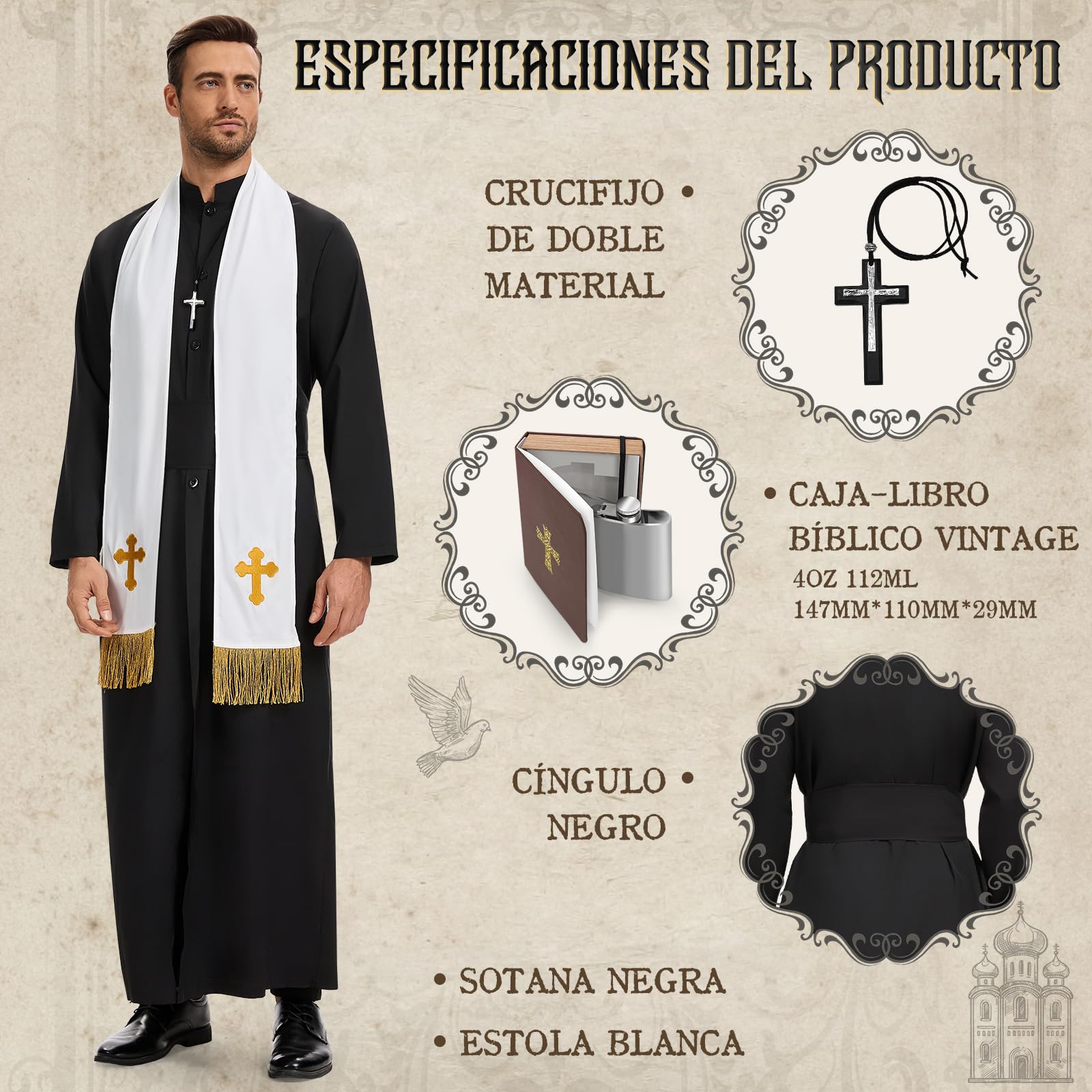 BuzzoXerex Disfraz Cura Hombre, Disfraz Halloween Hombre Adulto, Disfraz de Cura Hombre con Estola, Cadena con Cruz, Cinturón y Caja para Guardar la Biblia para Halloween Carnaval Cosplay