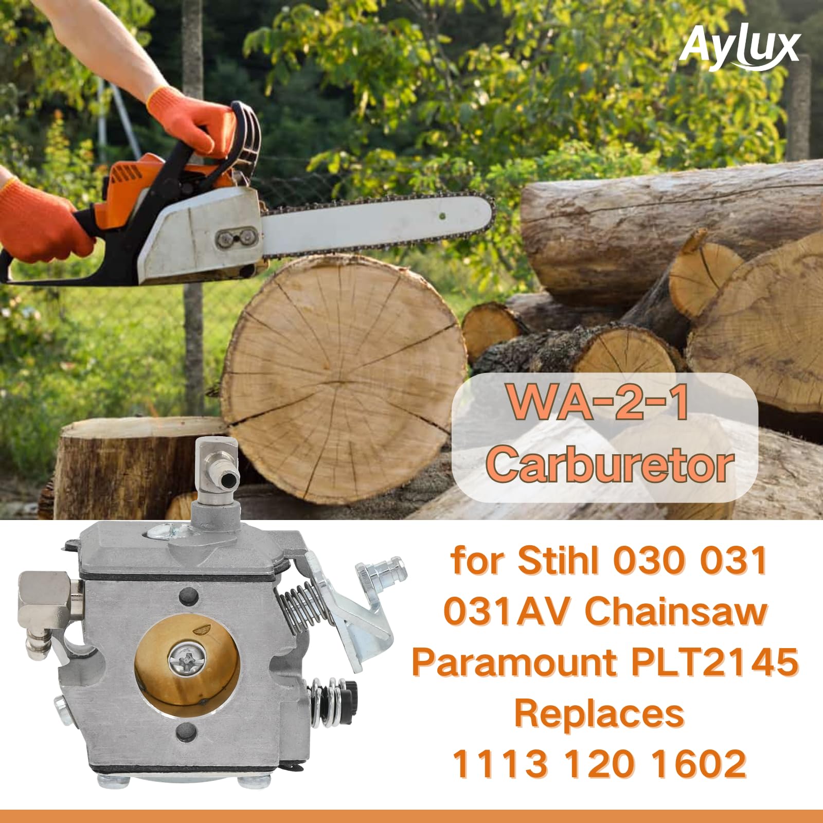 Aylux 031AV Carburetor for Stihl 030 031 031AV Chainsaw Paramount PLT2145 Replaces 1113 120 1602 Walbro WA-2-1 with Fuel Line Fuel Filter