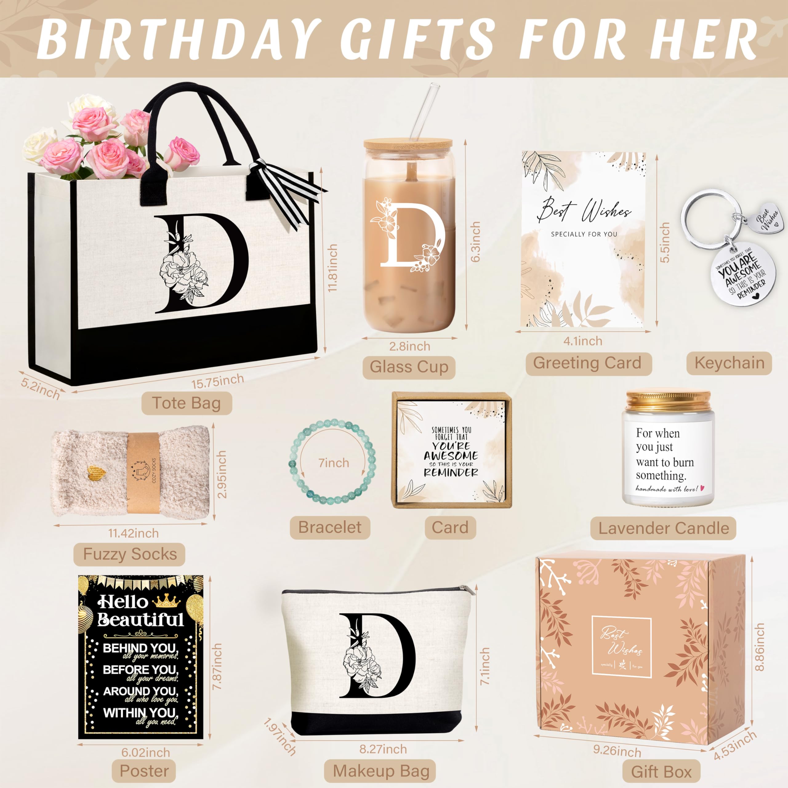 Lepiche Regalos de cumpleaños para mujeres, regalo con inicial monogramada para profesora, esposa, mamá, bolsa de mano, cesta de regalo de taza de vidrio personalizada para Navidad, Día de