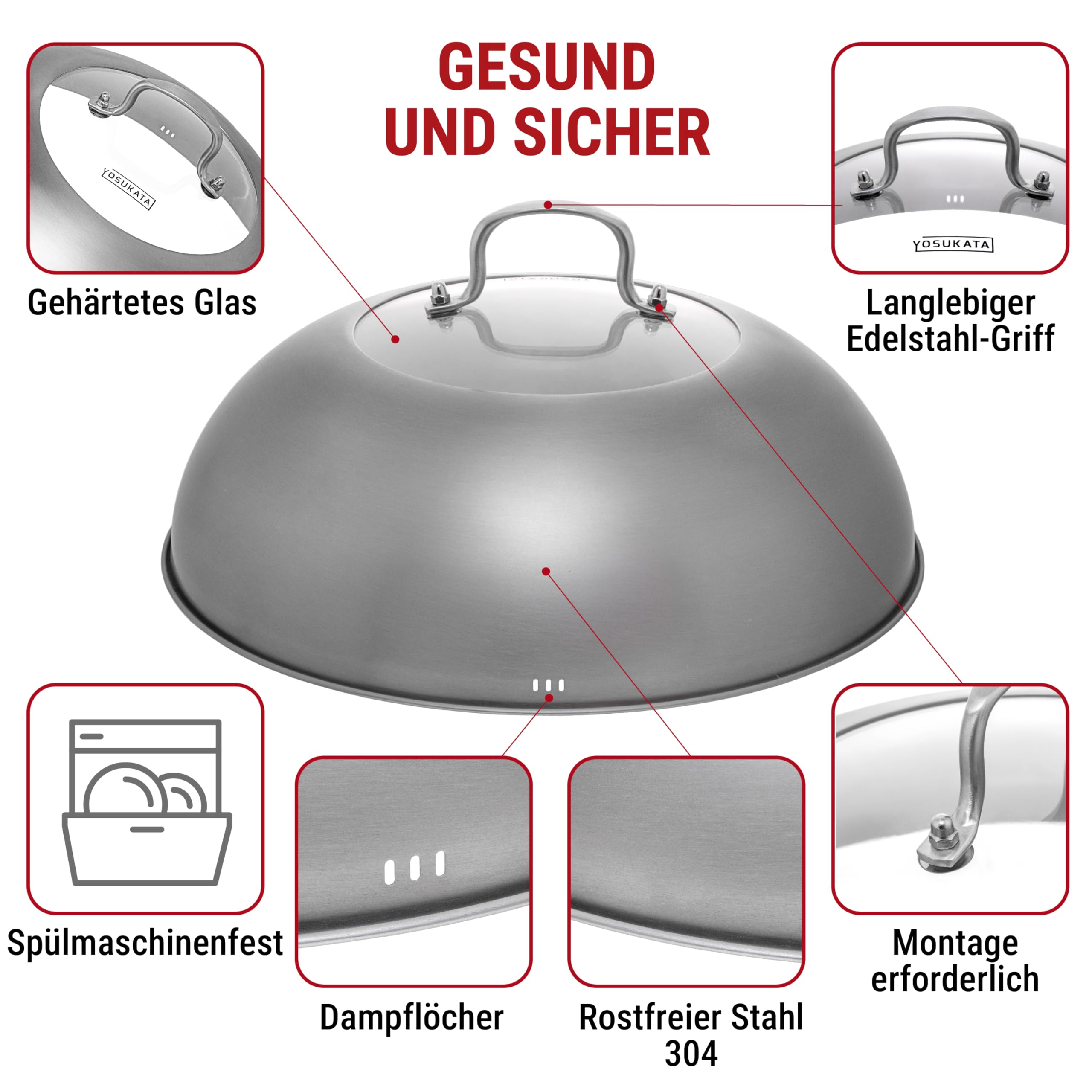 YOSUKATA Wok-Deckel 34,5 cm -Wokdeckel mit Gehärtetem Glas und Dampflöchern | Abdeckung für 36 cm Wokpfanne - Grill- und Käse-Schmelzkuppell - 304 Edelstahl Wok-Zubehör Spülmaschinenfest