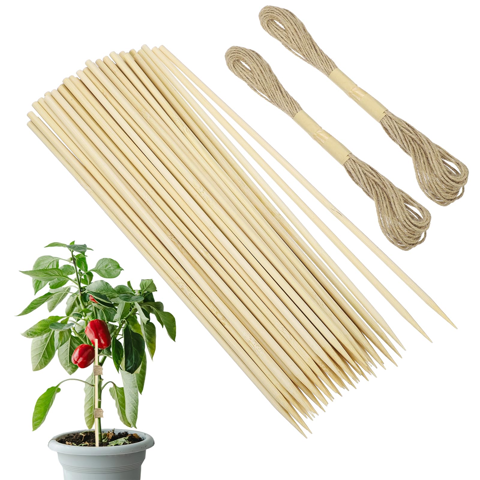 sourcing map 50Pcs Garden Wood Plant Stakes, 11.81" Gardening Bamboo Sticks, Floral Plant Support Stakes with 32.8ft Rope for Indoor Potted Plants, Natural Color