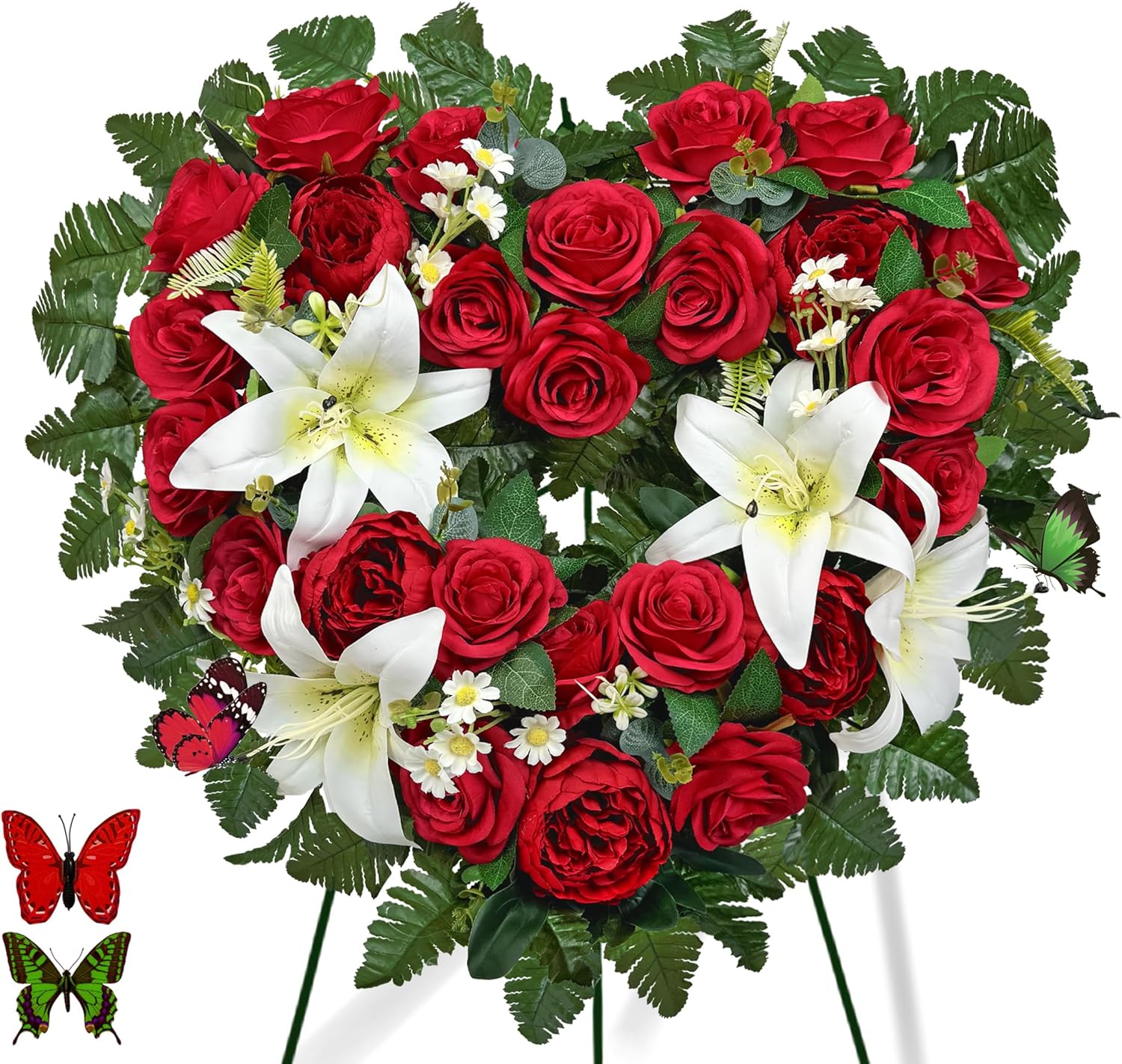 Cemetery Flower - Ebullient Remembrance Standing Heart, Grave Wreath with Easel Stand,Memorial Floral-Red Rose Hibiscus/White Lily-27 Inch