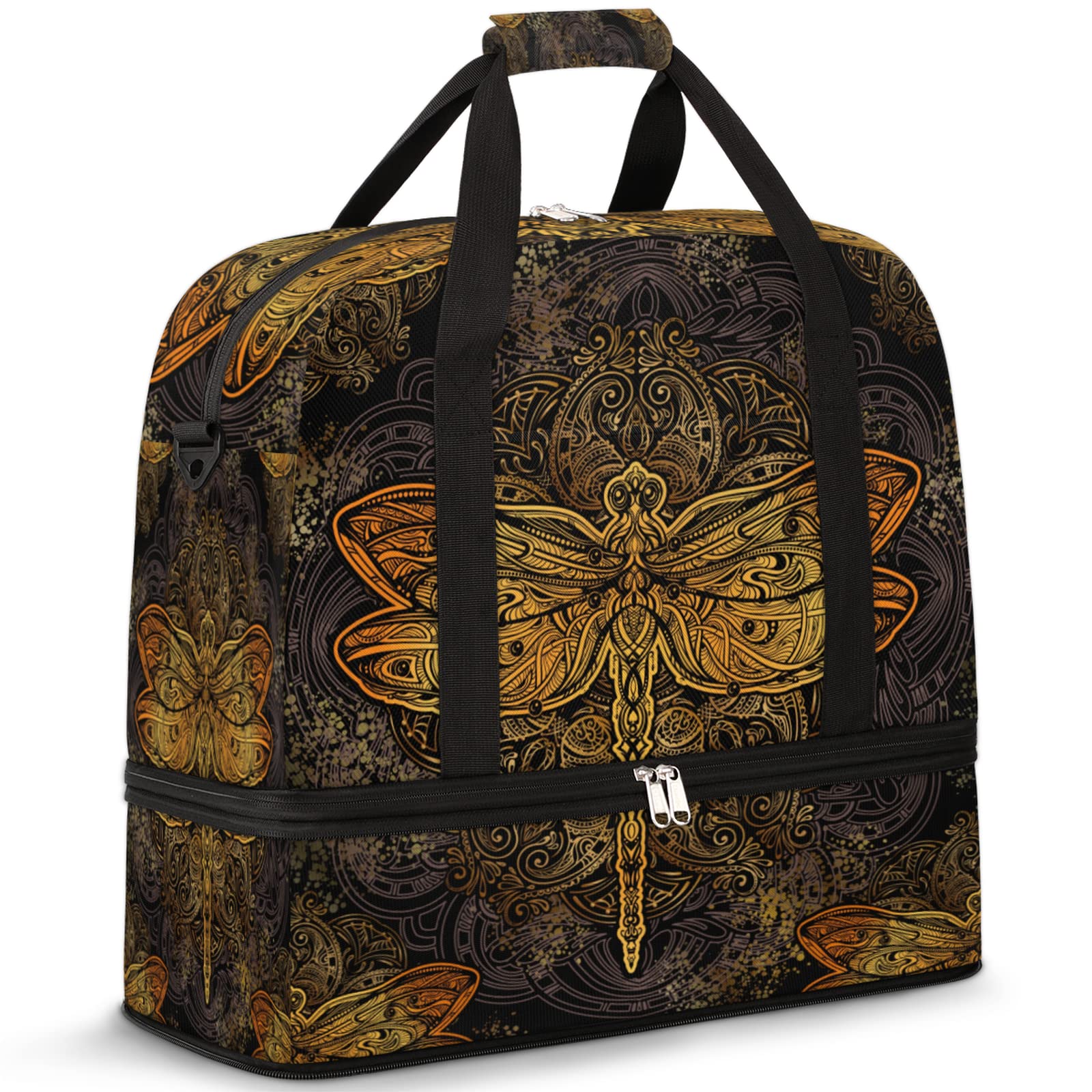 Vintage Dragonfly Retro Mandala Sports Gym Bag Foldable Travel Duffel Bag with Shoes Compartment Dry And Wet Separation Travel Bag For Men Women Yoga Overnight Weekend Holiday