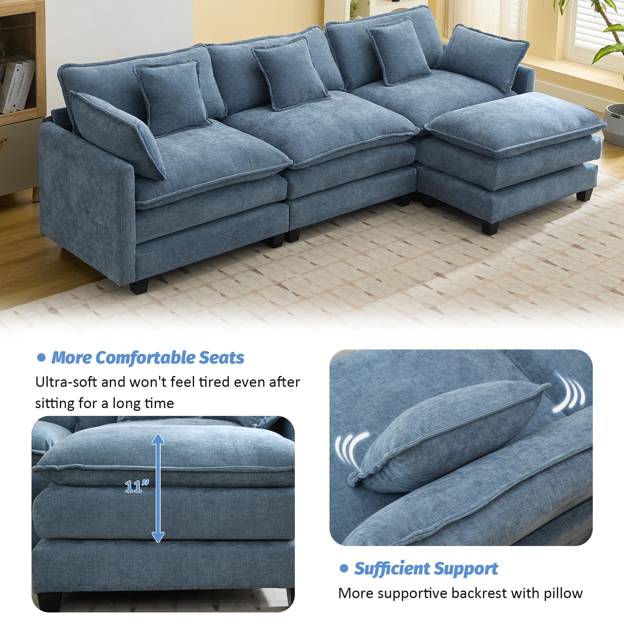 111'' Sectional Cloud Deep Seat Couch, Modern Comfy Chenille L Shaped Sectional Sofa for Living Room Set, Upholstered Modular 4-Seats Sofa Couch with Movable Ottoman, Blue