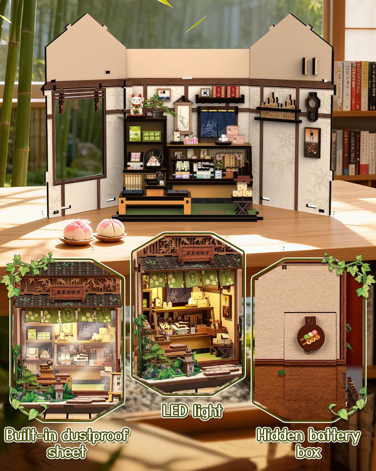 Endless Limit Book Nook Kit, DIY Miniature Japanese Wagashi Shop, 3D Wooden Puzzle Dollhouse with LED Lights - Image 3