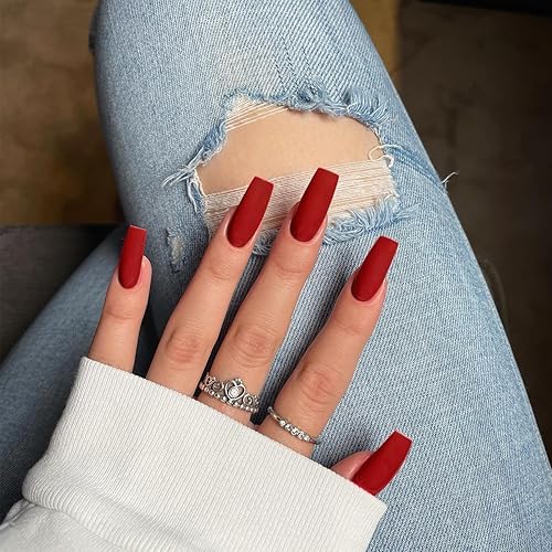 KQueenest Matte Red Press on Nails Long Medium Square, Fake
