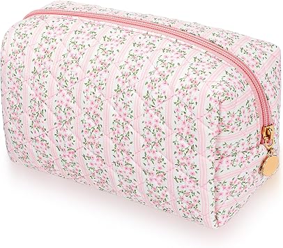 Makeup Bag Travel Cosmetic Bag for Women Girls, Pink Floral Makeup Bags Aesthetic & Portable Quilted Cute Flowers Zipper Toiletry Make Up Pouch Travel Cloth Bags