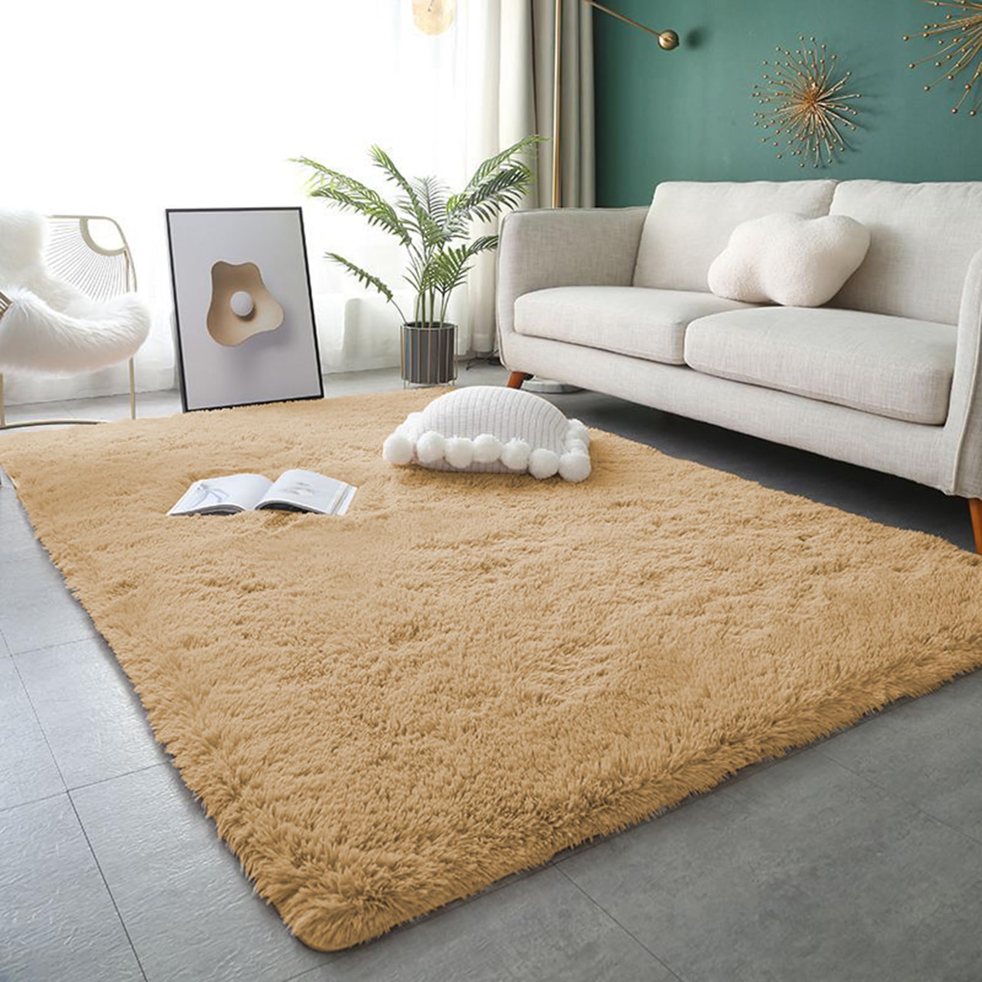 Grand tapis de sol moelleux kaki 200x250 cm, tapis de salon antidérapant et doux pour chambre