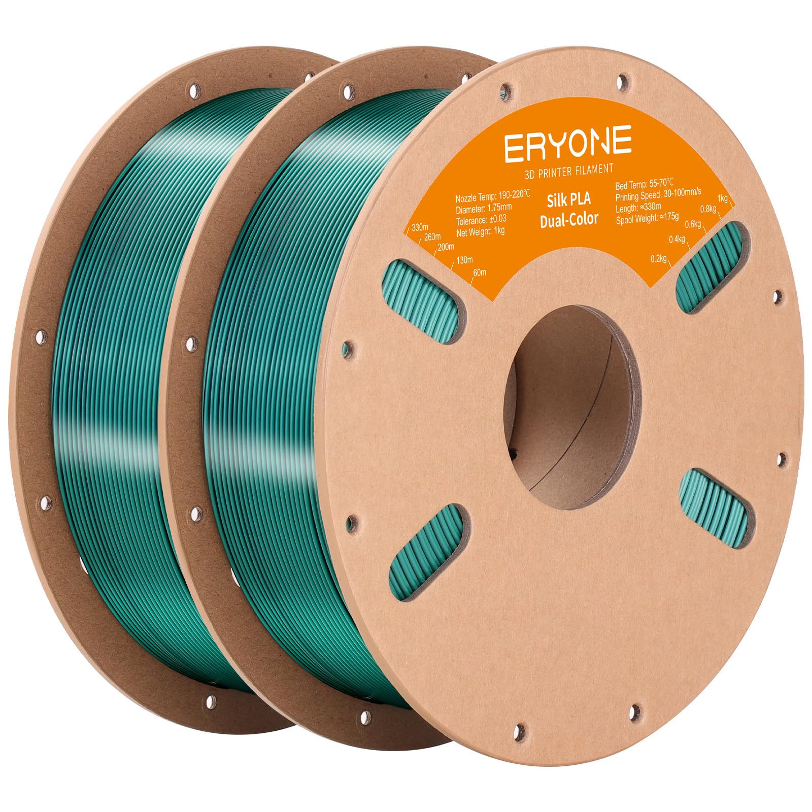ERYONE Silk Dual Color PLA Filament 3D Printer 1.75mm +/- 0.03mm, Bicolor Filament Two Tone PLA Bundle 2KG Cardboard Spool, Black Green