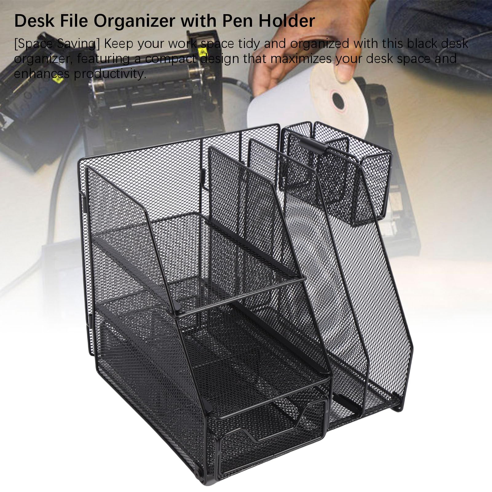 Organizer da scrivania efficiente in rete di ferro a 3 ripiani con cassetto per forniture per ufficio, nero
