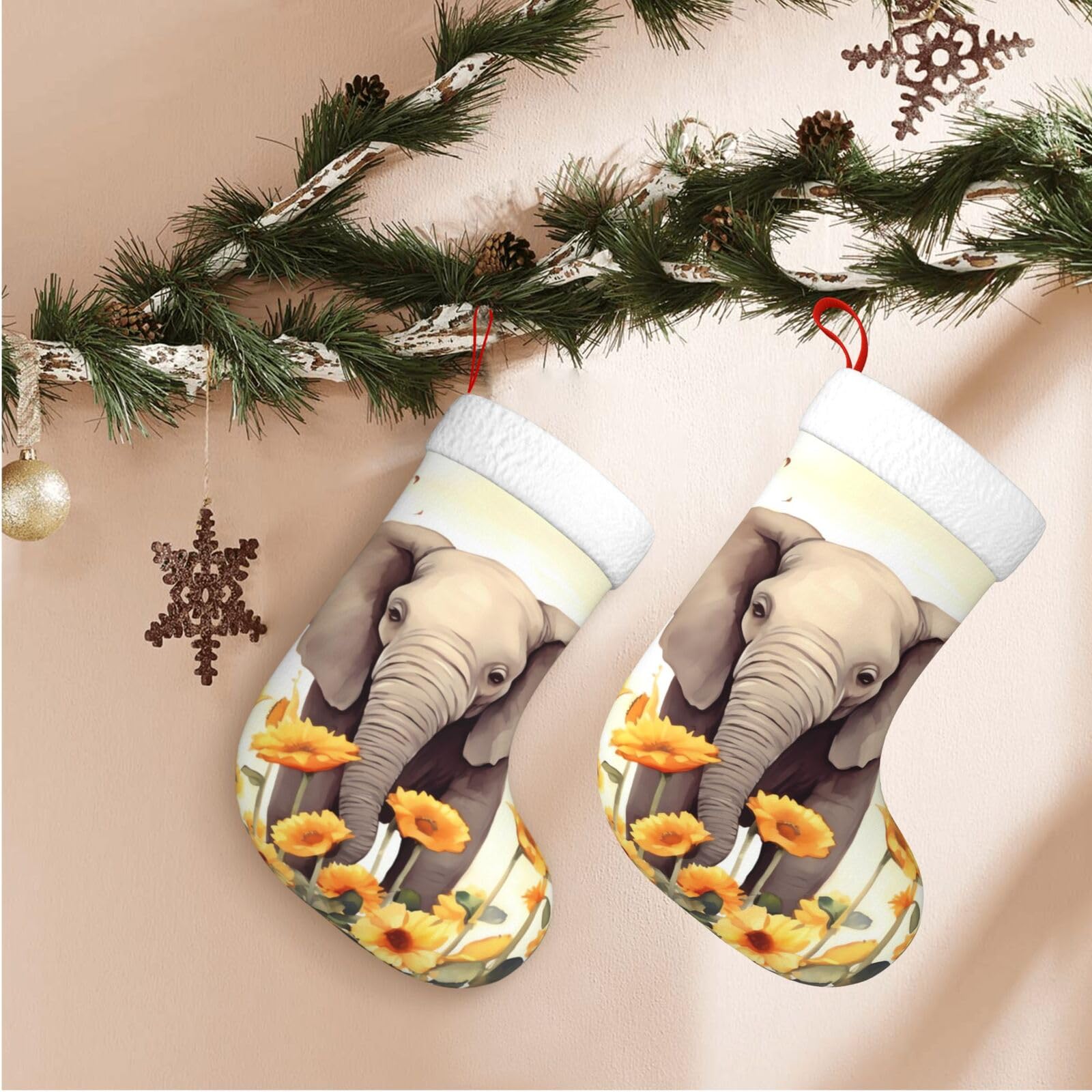 Elephant and Sunflower Christmas Stockings Velvet Xmas Fireplace Hanging Stocking with Plush Cuff Rustic Christmas Santa Stockings for Home Christmas Decorations Party Favor Supplies