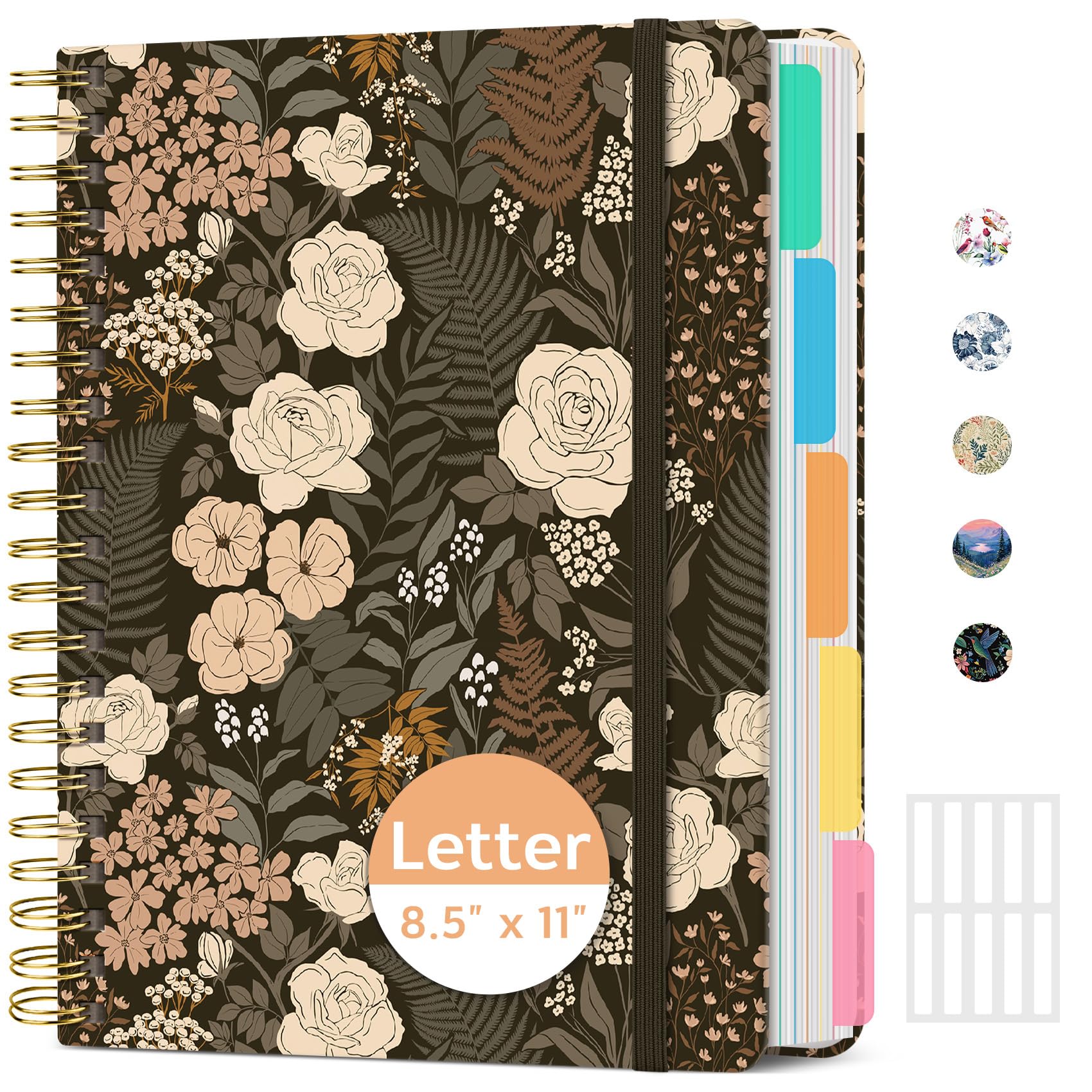 Cuadernos grandes con rayas en espiral para el trabajo con separadores y pestañas extraíbles, 8.5 x 11 pulgadas, bonita tapa dura, cuaderno de 5 asignaturas para mujeres, rayado universitario