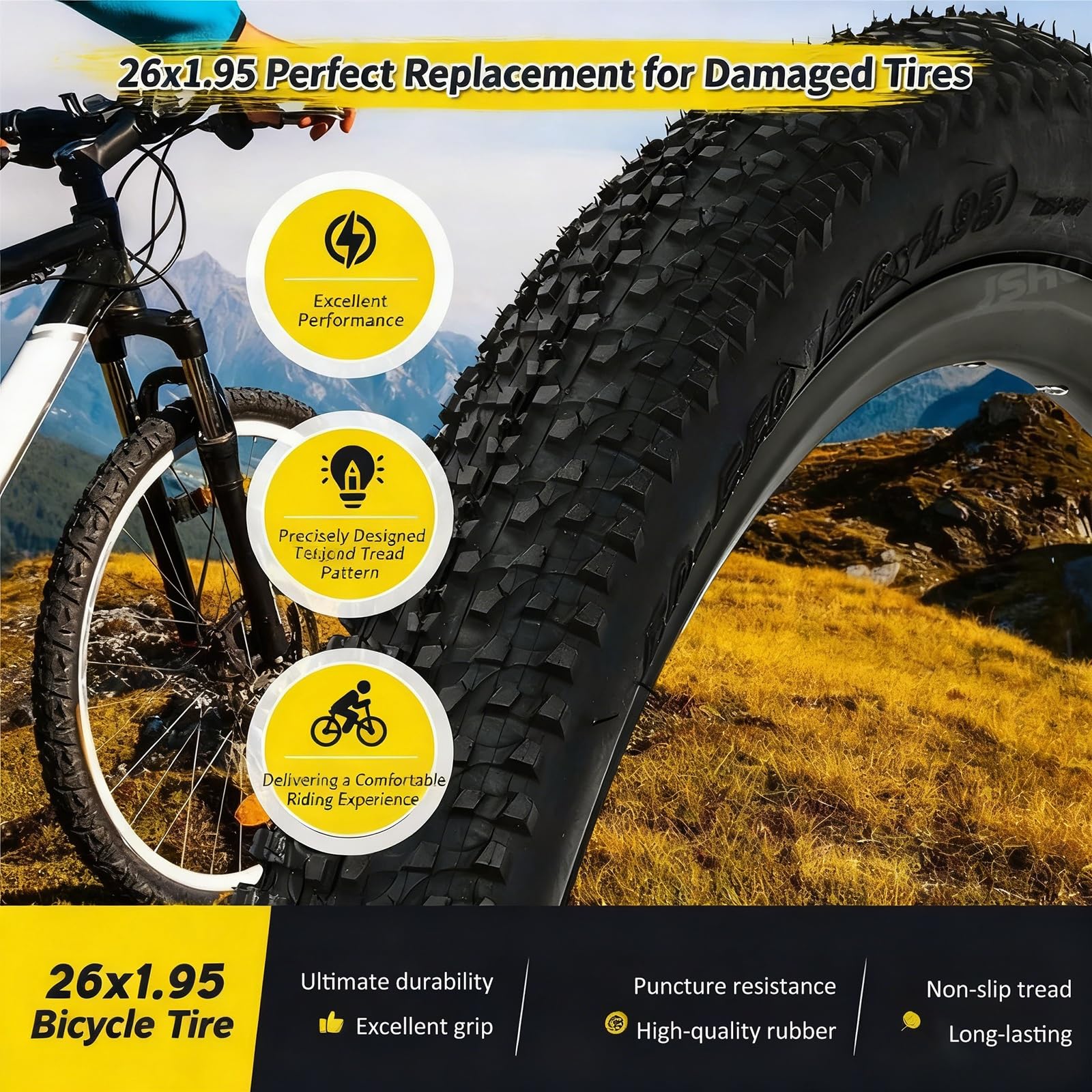 2PCS 26x1.95 Opona Rowerowa, Odporna na Przebicia z Wzmocnioną Ścianką i Głębokim Wzorem Bieżnika dla Rowerów Górskich, Miejskich i Codziennych Użytków, Odporna na Zużycie