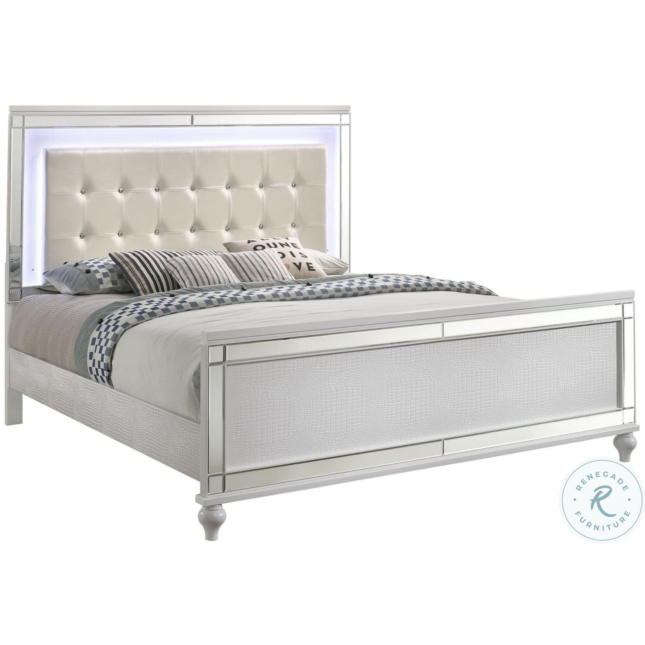 Benjara Lee Full Size Bed, LED, Tufted Faux Leather Upholstery, Textured White