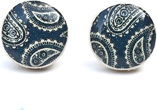 Navy blue paisley stud earrings. Navy blue wood studs by Starlight Woods.