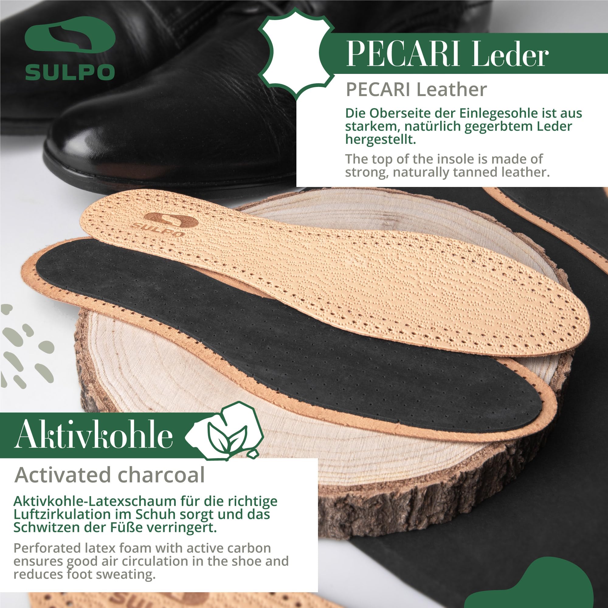 SULPO 3 pares de plantillas de piel auténtica, plantillas de carbón activado, absorben los olores y antisudor, transpirable