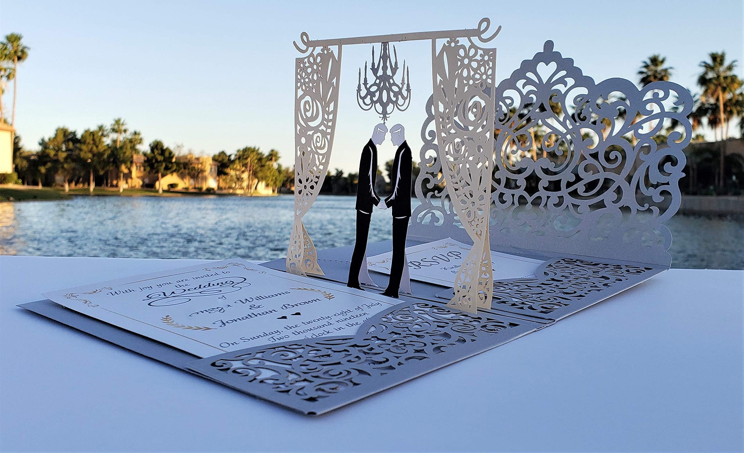 Pop up Wedding Invitation Pocket-Folds with Envelope. Memorable, Unique and Elegant Laser Cut 3D Design by Tada Cards. Perfect for Wedding Thank You Cards. (Silver with 2 Grooms 10-Pack)