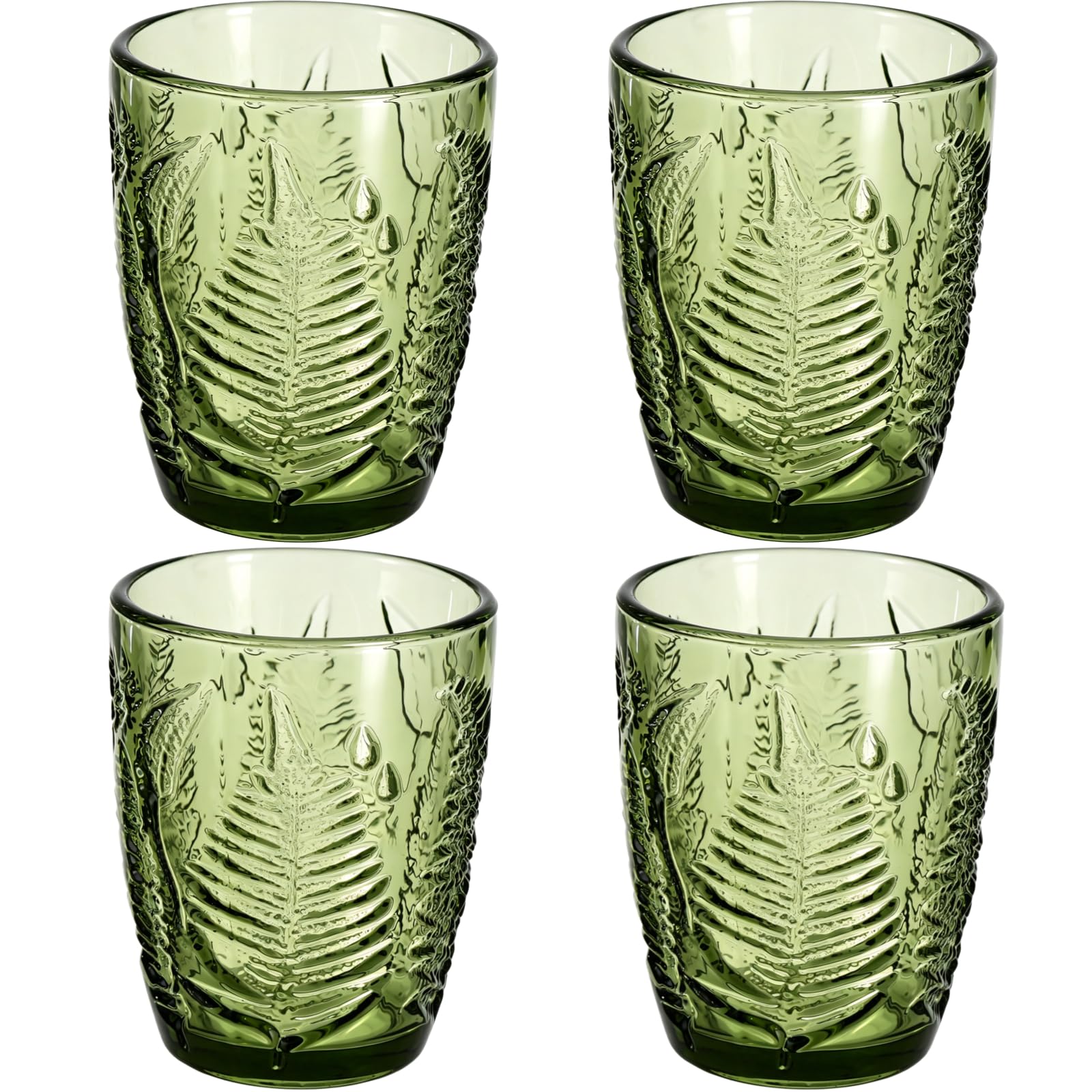 Lot de 4 verres à boire vintage verts, motif fougère en relief, verres épais de 9,8 fl oz, gobelets à cocktail style bohème pour usage quotidien, réception, maison et restaurant