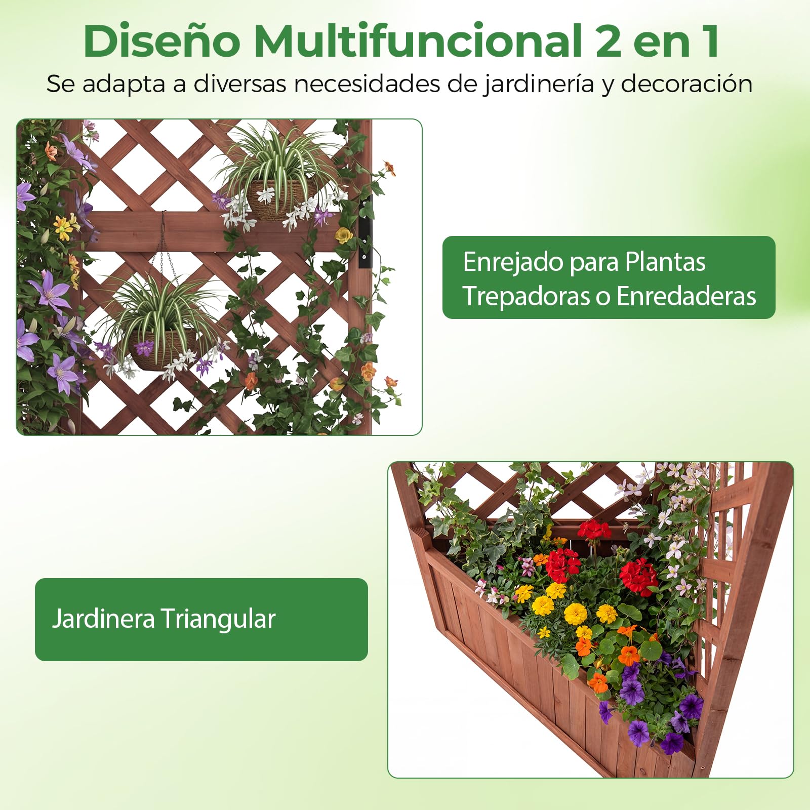 GOPLUS Jardineras con Enrejado Angular de Madera, Cama Elevada de Jardín, Orificios de Drenaje, para Flores Verduras Plantas Trepadoras, Macetero Exterior para Patio Jardín, 55 x 55 x 140 cm (Marrón)