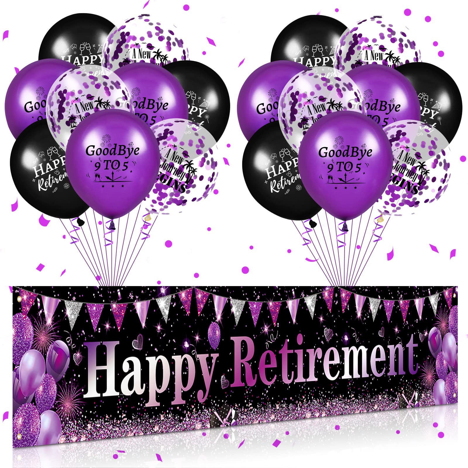 Purple and Black Retirement Party Decorations - Happy Retirement Banner, 18pcs Balloons, Large Yard Sign for Women and Men - Party Supplies