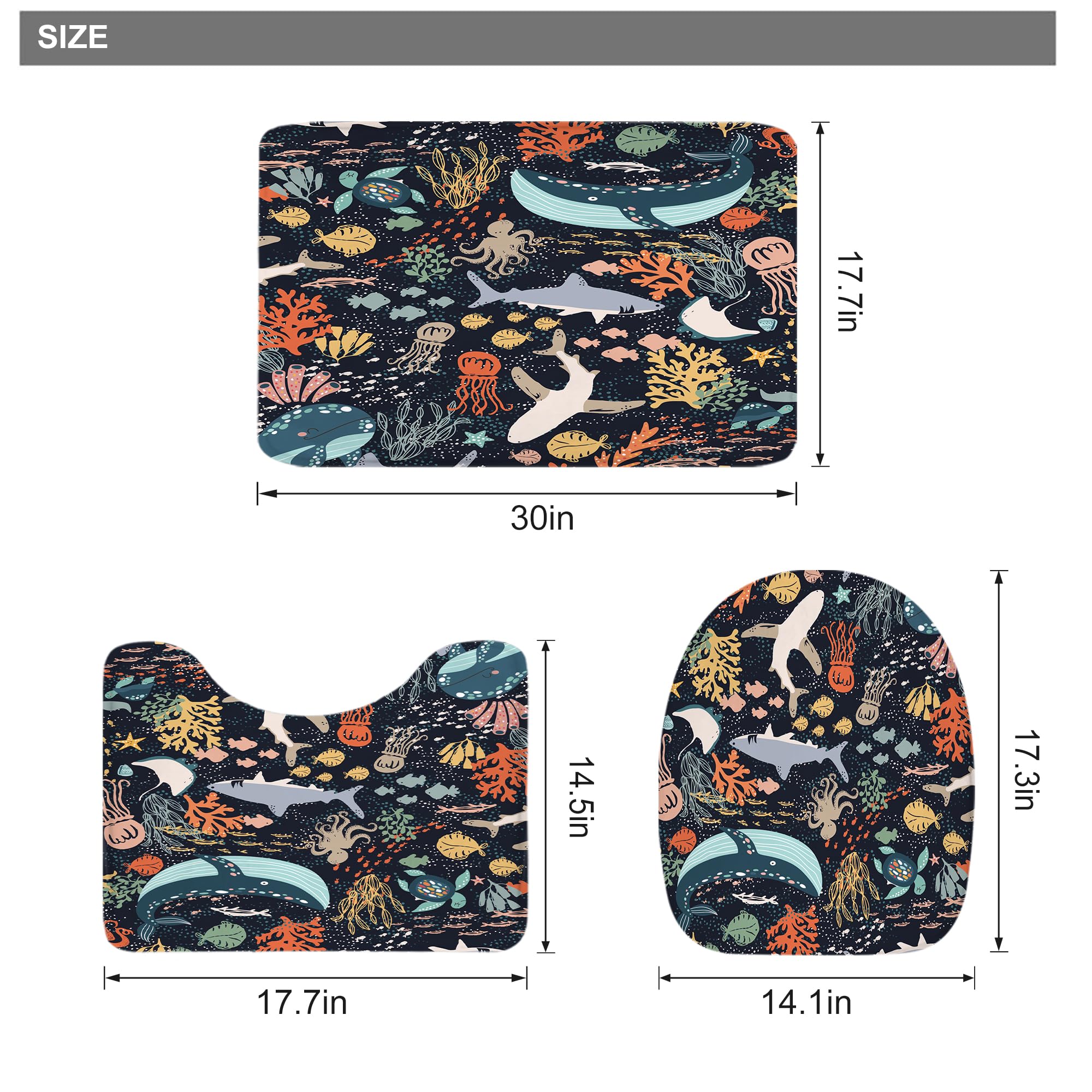 Riyidecor Juego de 4 cortinas de ducha para niños, diseño de pez tiburón, ballena azul del océano, animales marinos, juego de decoración de baño con alfombras y accesorios, alfombra de tapa de inodoro