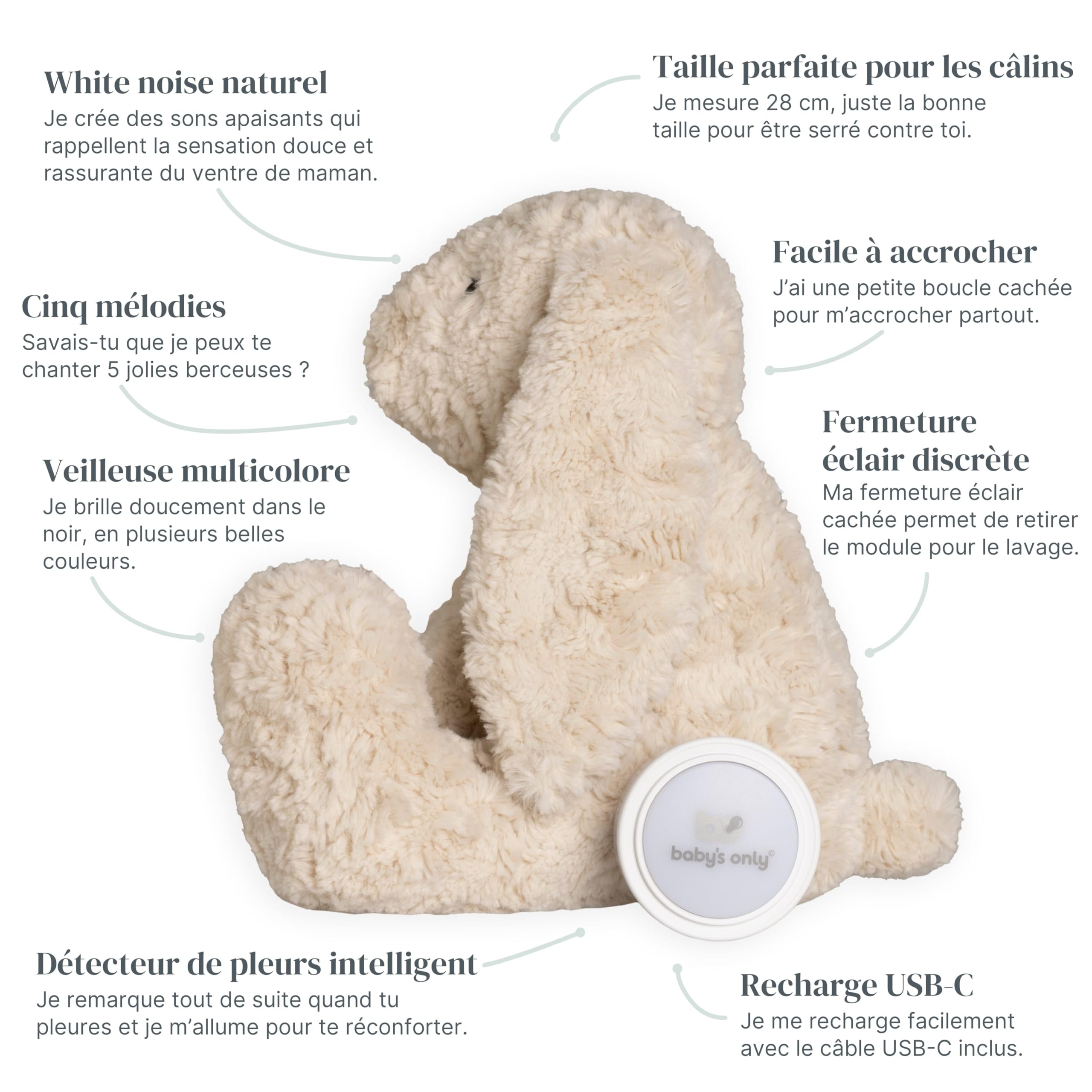 Baby's Only - Bibi le lapin en peluche avec entraîneur de sommeil - Peluche musicale avec veilleuse - Bruit blanc bebe - Veilleuse bébé musicale et lumineuse - Doudou bébé - Warm Linen