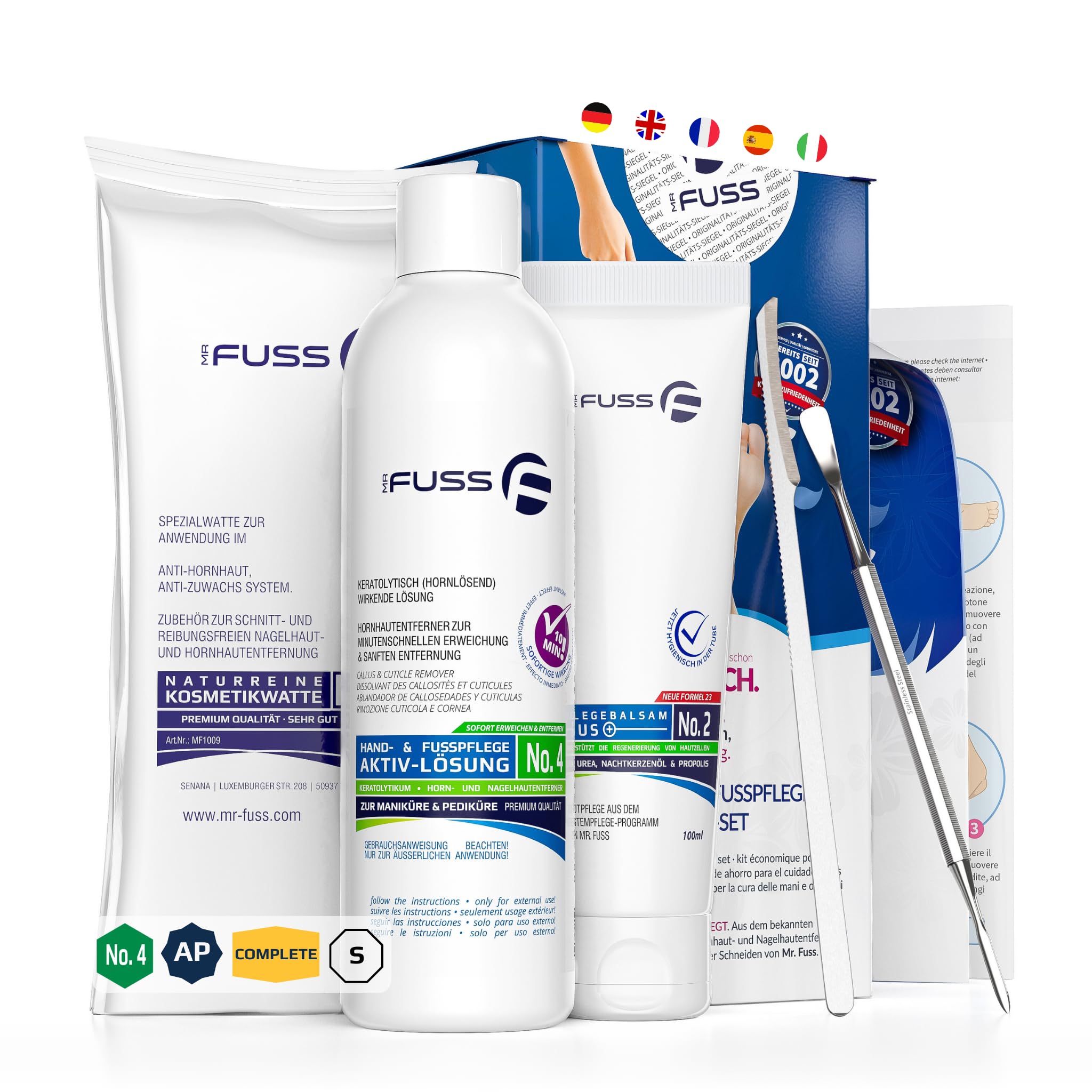 Mr. Fuss Removedor de Callos Solution No. 4 Advanced Pack Steel Quitar las Durezas Sin Raspar ni Frotar Paquete de Sistema de 4 Partes para la Eliminación de Callosidad y Cutícula