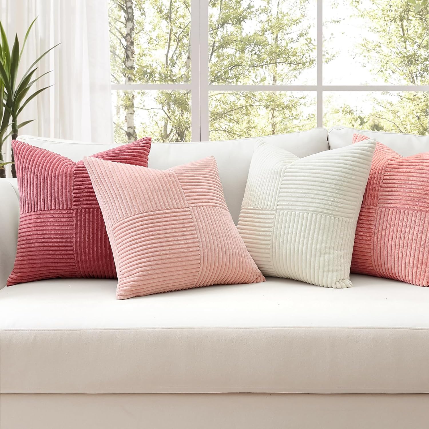 OTOSTAR Set of 4 Decorative Throw Pillow Covers Soft Striped Corduroy Boho Square Pillow Cases Mix and Match Home Decor for Sofa Couch Living Room Bedroom Farmhouse 22x22 Inch, Cream White Pink