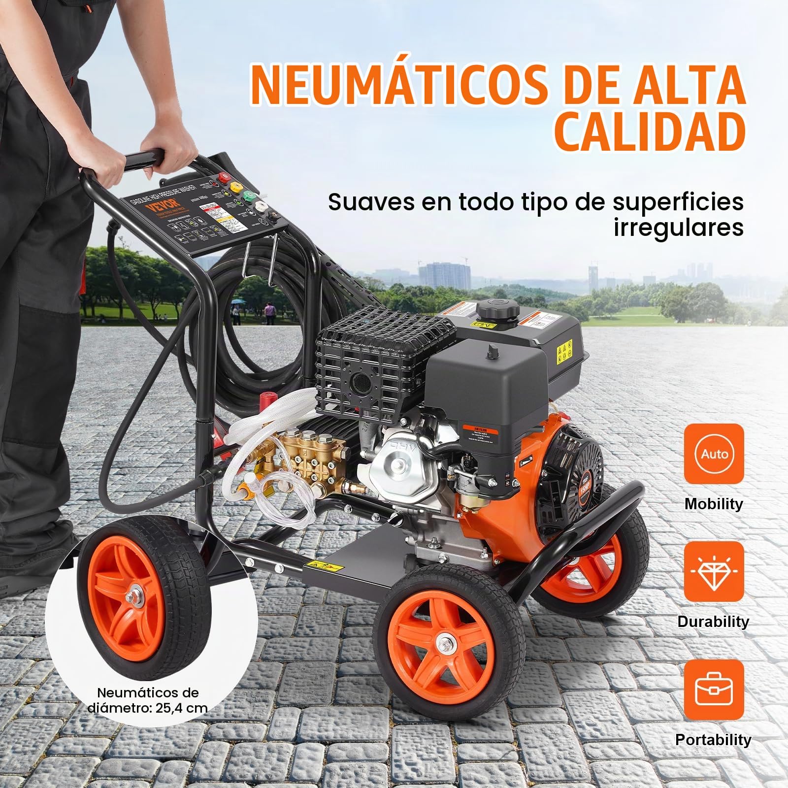 VEVOR Lavadora de Alta Presión a Gas 4400 PSI Limpiador de Alta Presión 15 L/min con Bomba de Cobre, Pistola Rociadora, Varilla de Extensión, 5 Boquillas para Casas, Vehículos, Patios